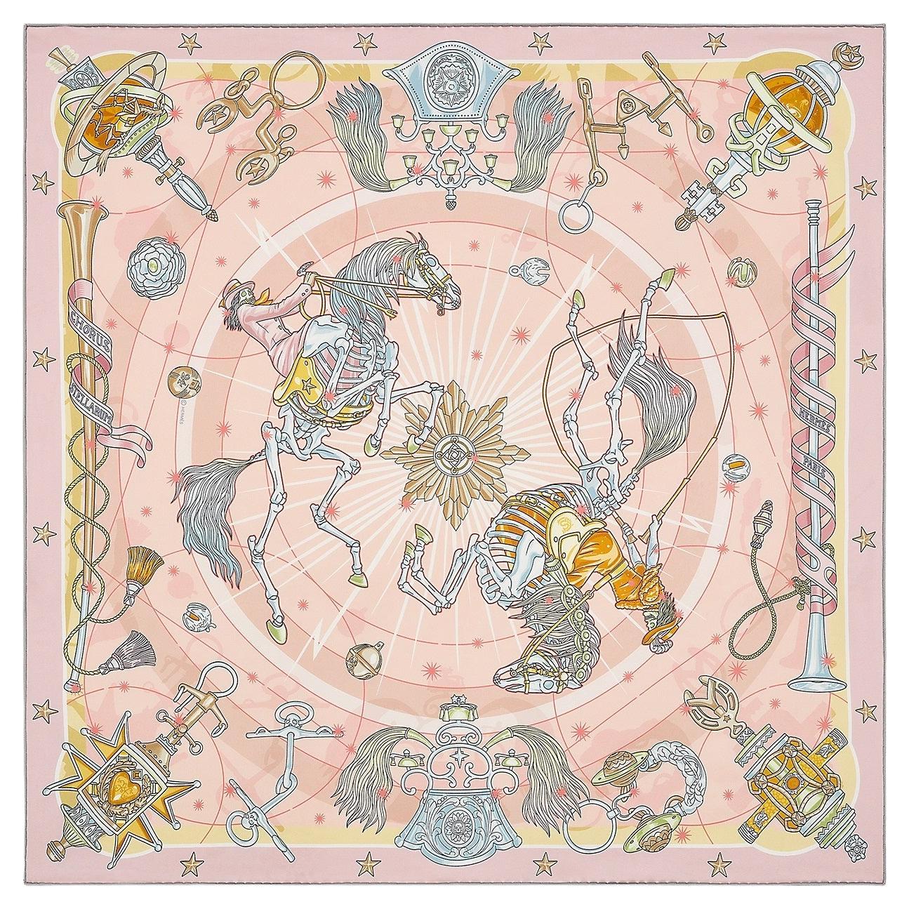 Hermès Rose Poudré / Gris Bleuté / Anis silk Chorus Stellarum scarf 70