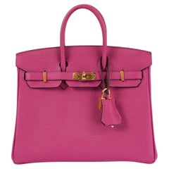 HERMES Rose Pourpre pink Togo leather BIRKIN 25 Bag w Gold