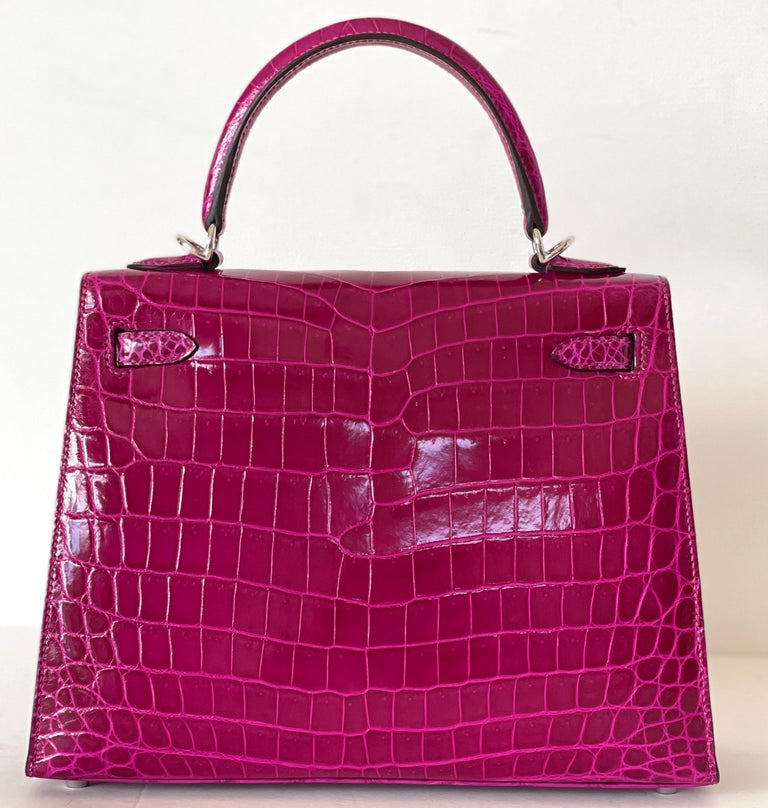 Hermès Rose Pourpre Shiny Niloticus Crocodile Sellier Kelly 25cm at 1stDibs