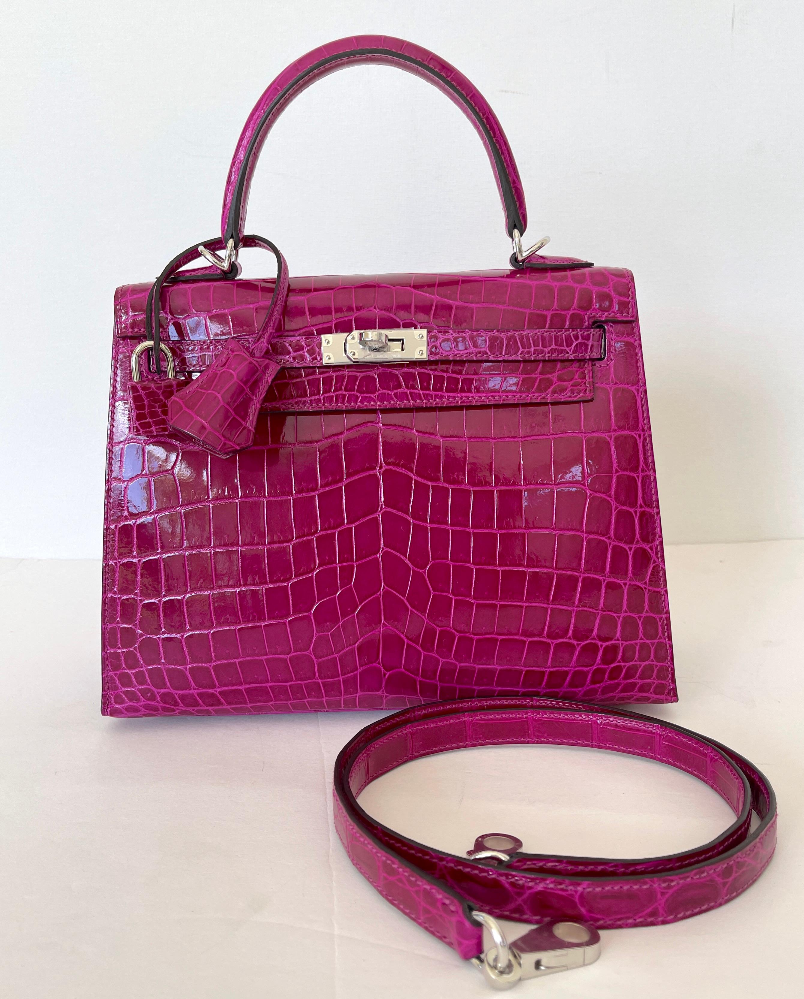 Red Hermès Rose Pourpre Shiny Niloticus Crocodile Sellier Kelly 25cm 