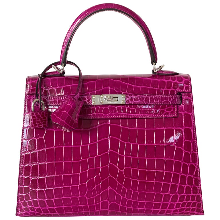 Hermès Rose Pourpre Shiny Niloticus Crocodile Sellier Kelly 25cm at 1stDibs