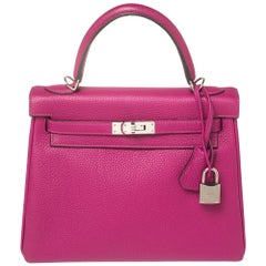 Hermes Rose Pourpre Togo Leather Palladium Finished Kelly Retourne 25 Bag