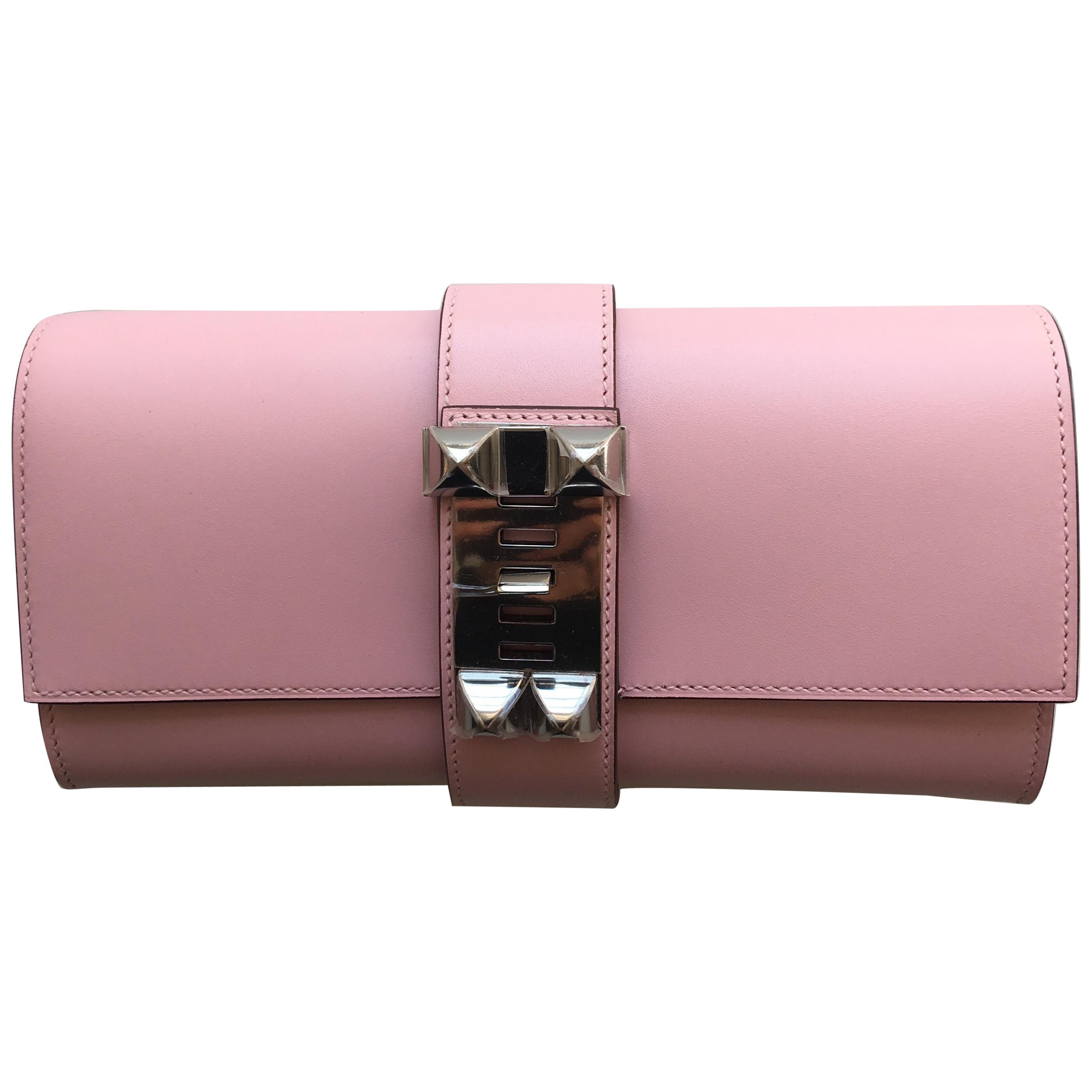 Hermes Rose Sakura Medor Clutch in Tadelakt For Sale