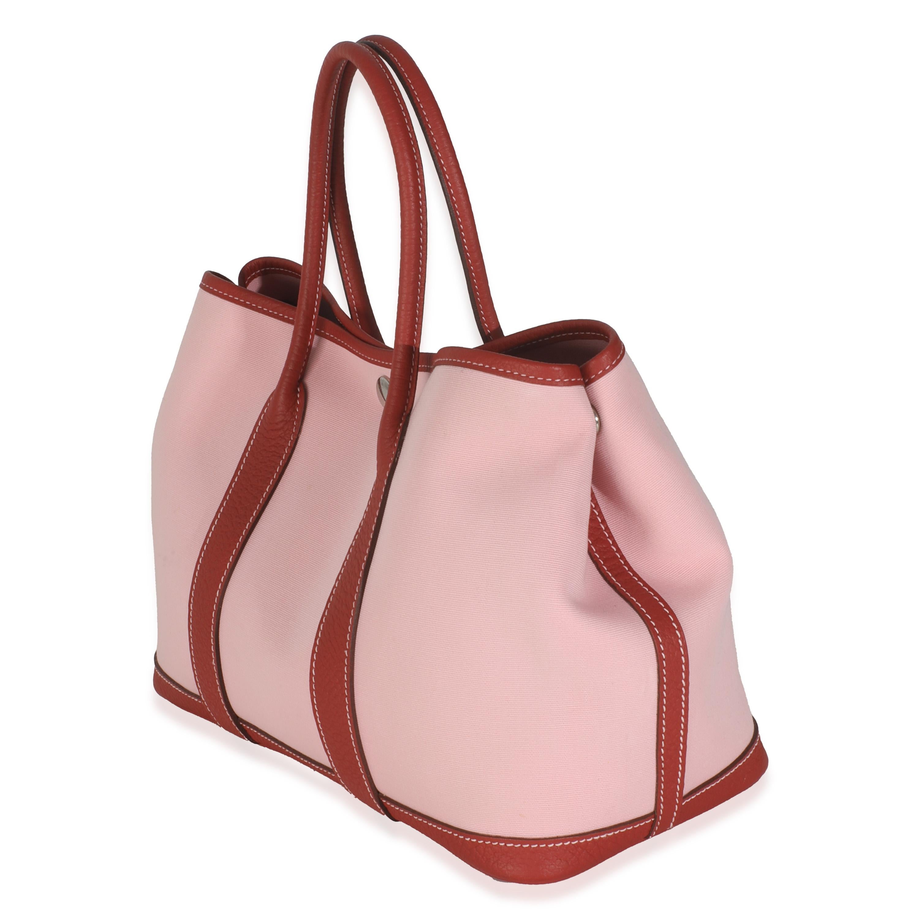 Hermès Rose Sakura Rouge Duchesse Toile Militaire Vache Country Garden Party 30 In Excellent Condition For Sale In New York, NY