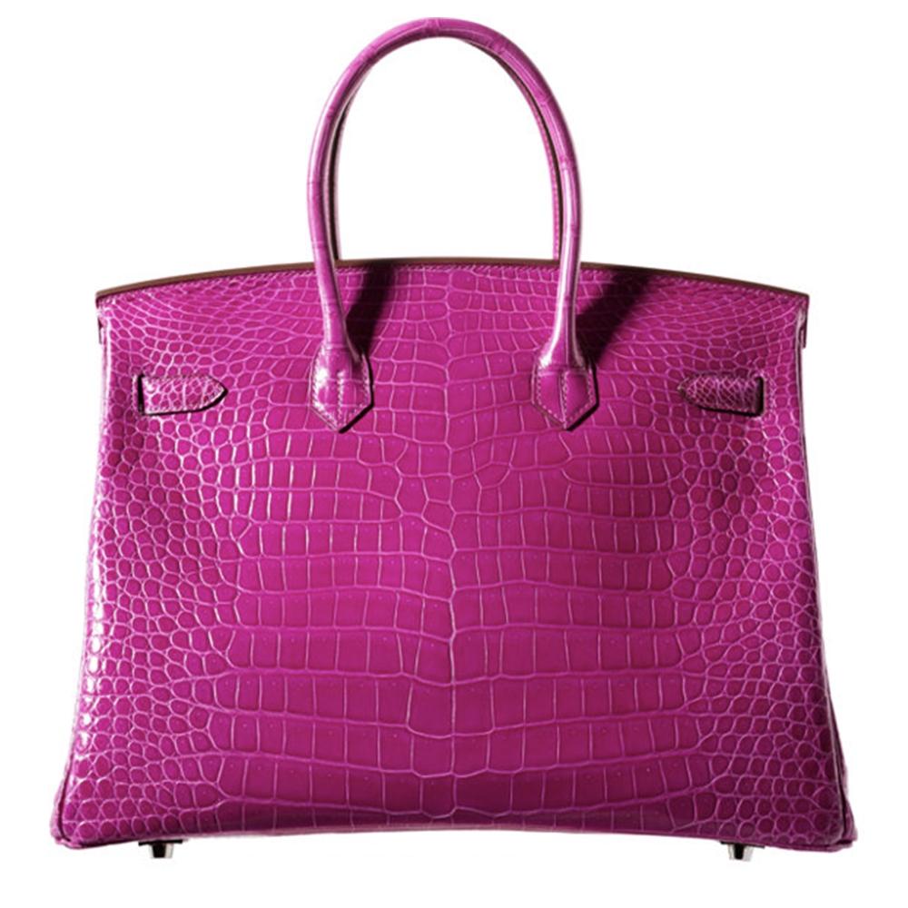Purple Hermès Rose Scheherazade Lisse Porosus Crocodile 35cm Birkin Bag