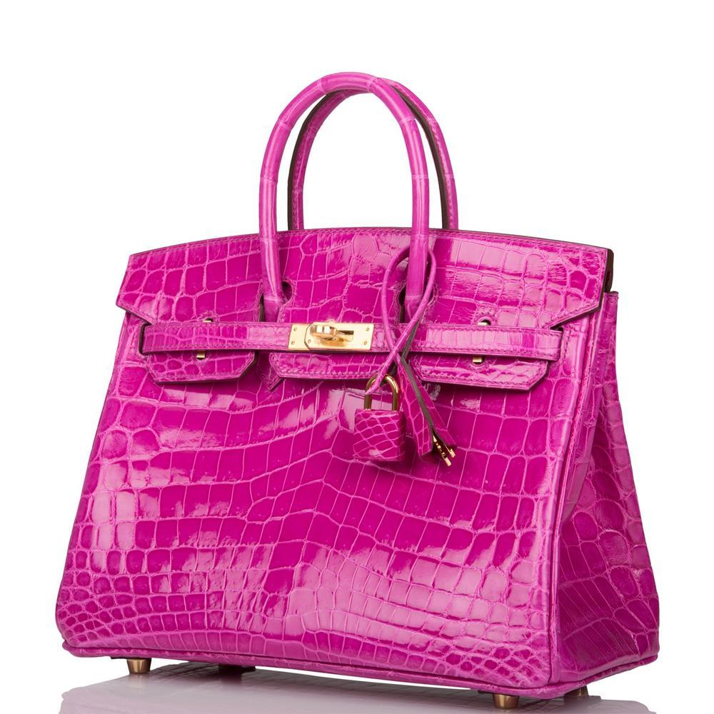 Purple Hermès Rose Scheherazade Niloticus Crocodile Birkin 25cm Gold Hardware