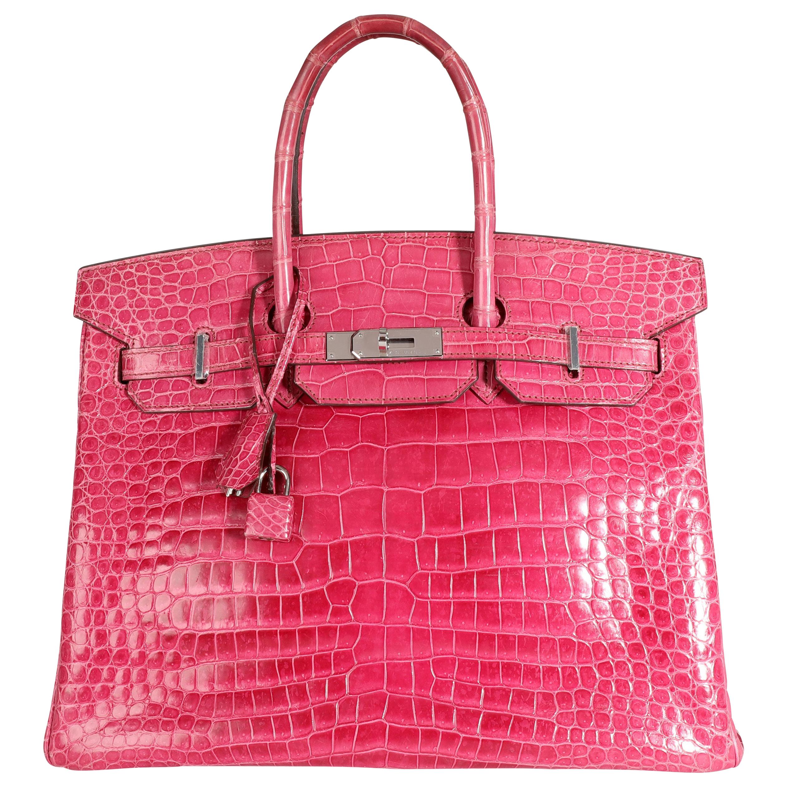 Hermès Rose Scheherazade Sac Birkin 35 PHW en crocodile Porosus brillant en vente