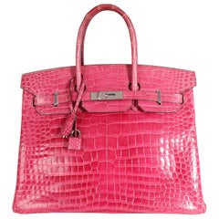 Hermès Rose Scheherazade Glänzendes Porosus Krokodil Birkin 35 PHW