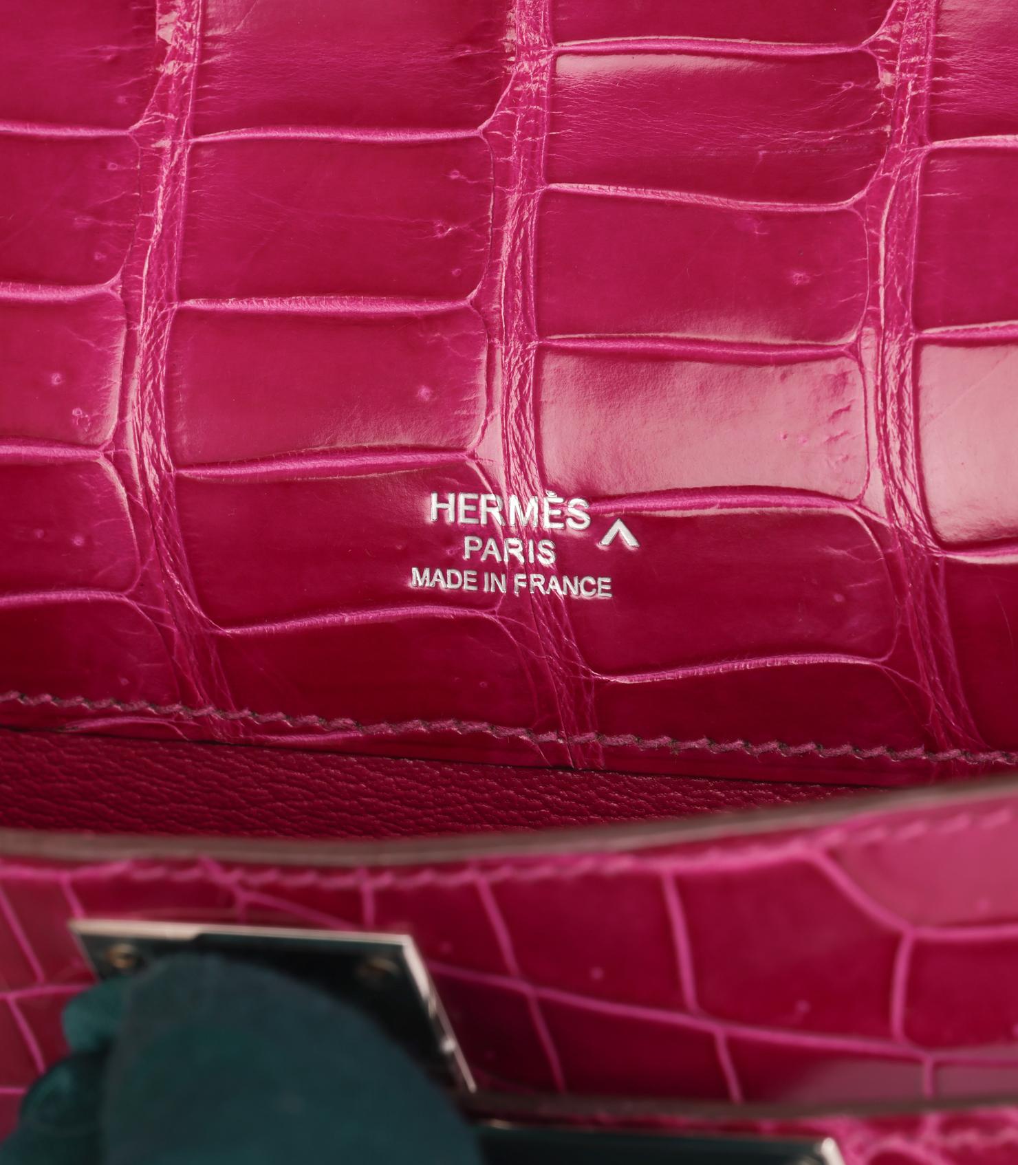 Hermès Rose Scheherazade Shiny Porosus Crocodile Leather Kelly Cut 4
