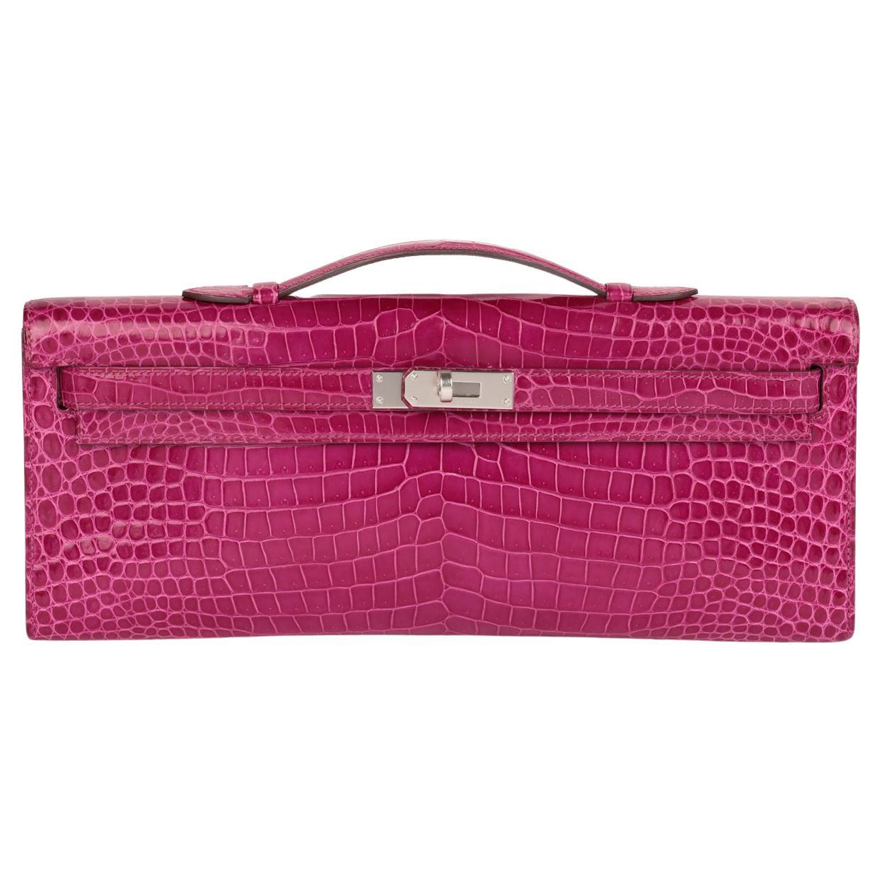 Hermès Rose Scheherazade Shiny Porosus Crocodile Leather Kelly Cut