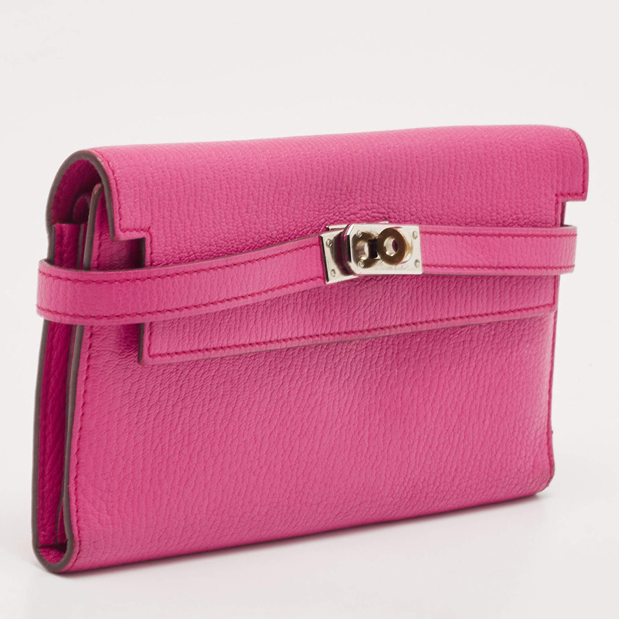 Pink Hermes Rose Shocking Chevre Leather Kelly Depliant Wallet