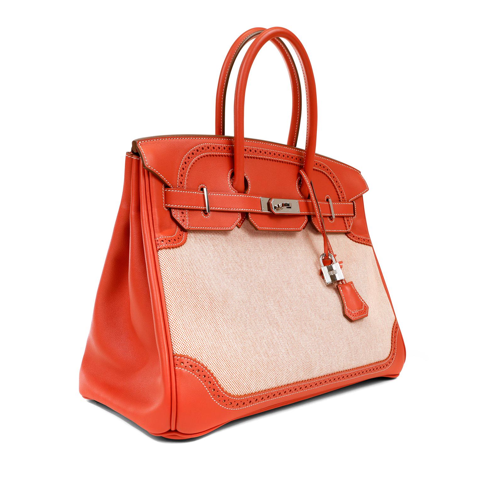 This authentic Hermès Rose Tea Ghillies 35 cm Birkin is in pristine condition. Hermès bags are considered the ultimate luxury item the world over.  Hand stitched by skilled craftsmen, wait lists of a year or more are commonplace. This particular