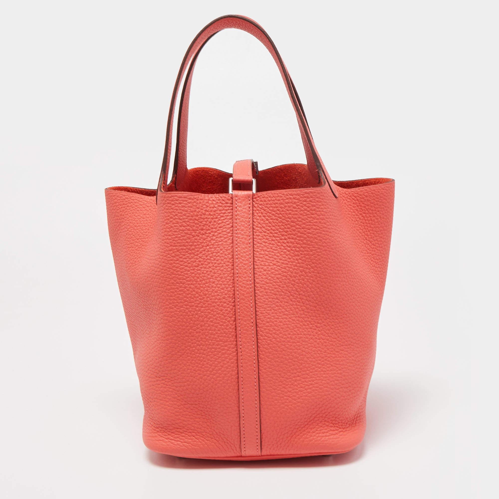 Orange Hermès Rose Texas Taurillon Clemence Leather Picotin Lock 22 Bag