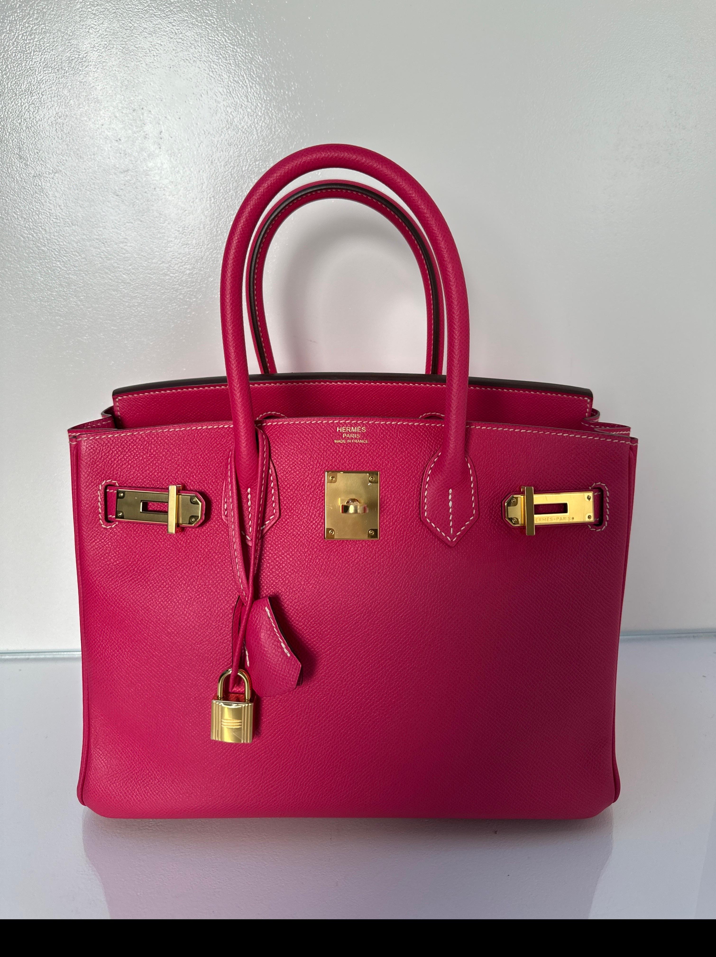 Hermes Rose Tyrien Birkin 30 Bag. Hot pink epsom leather. Gold hardware. Excellent like new condition. Interior clean. Plastic is still on the hardware. Includes clochette, lock, keys, and dust bag. Guaranteed authentic. 