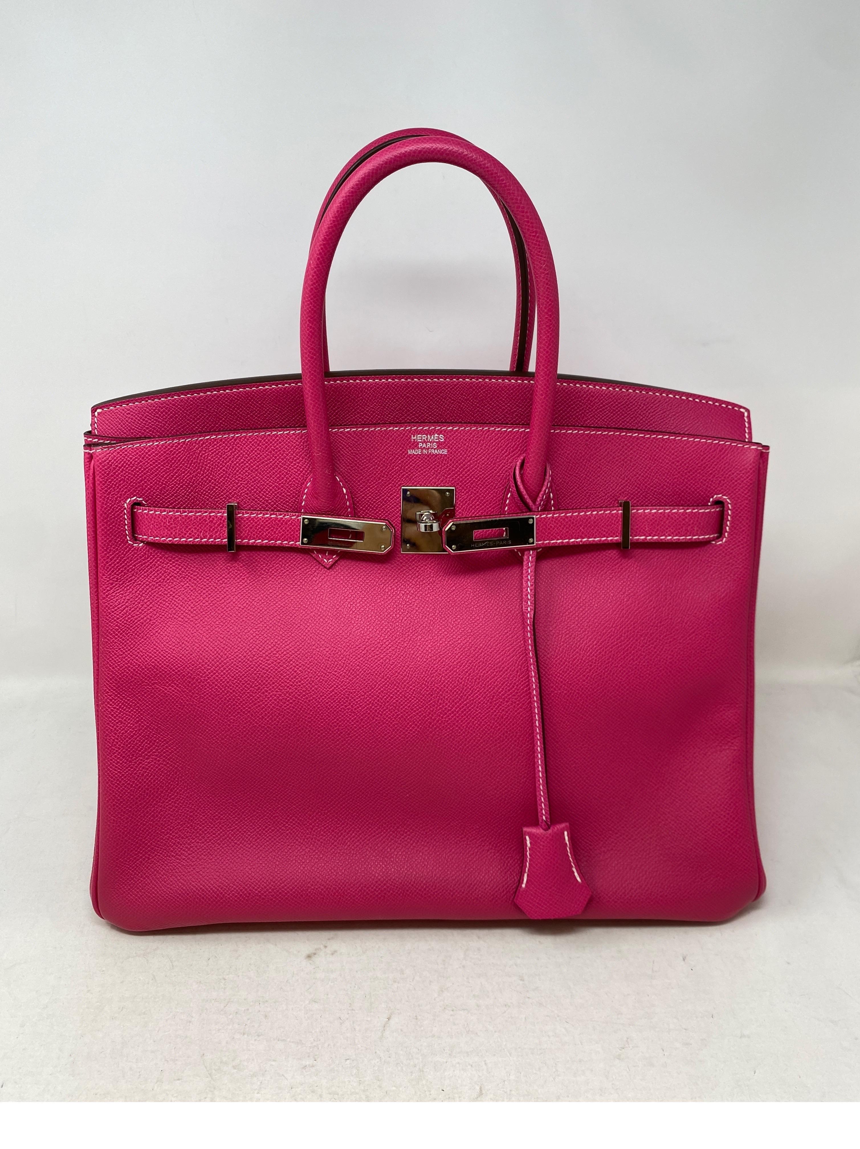 Hermes Rose Tyrien 35 Birkin Bag. Hot pink color with palladium hardware. Excellent condition. Epsom leather. Candy collection bag. Interior is a different color. Rouge red interior. Interior is clean. Includes clochette, lock, keys, and dust bag.