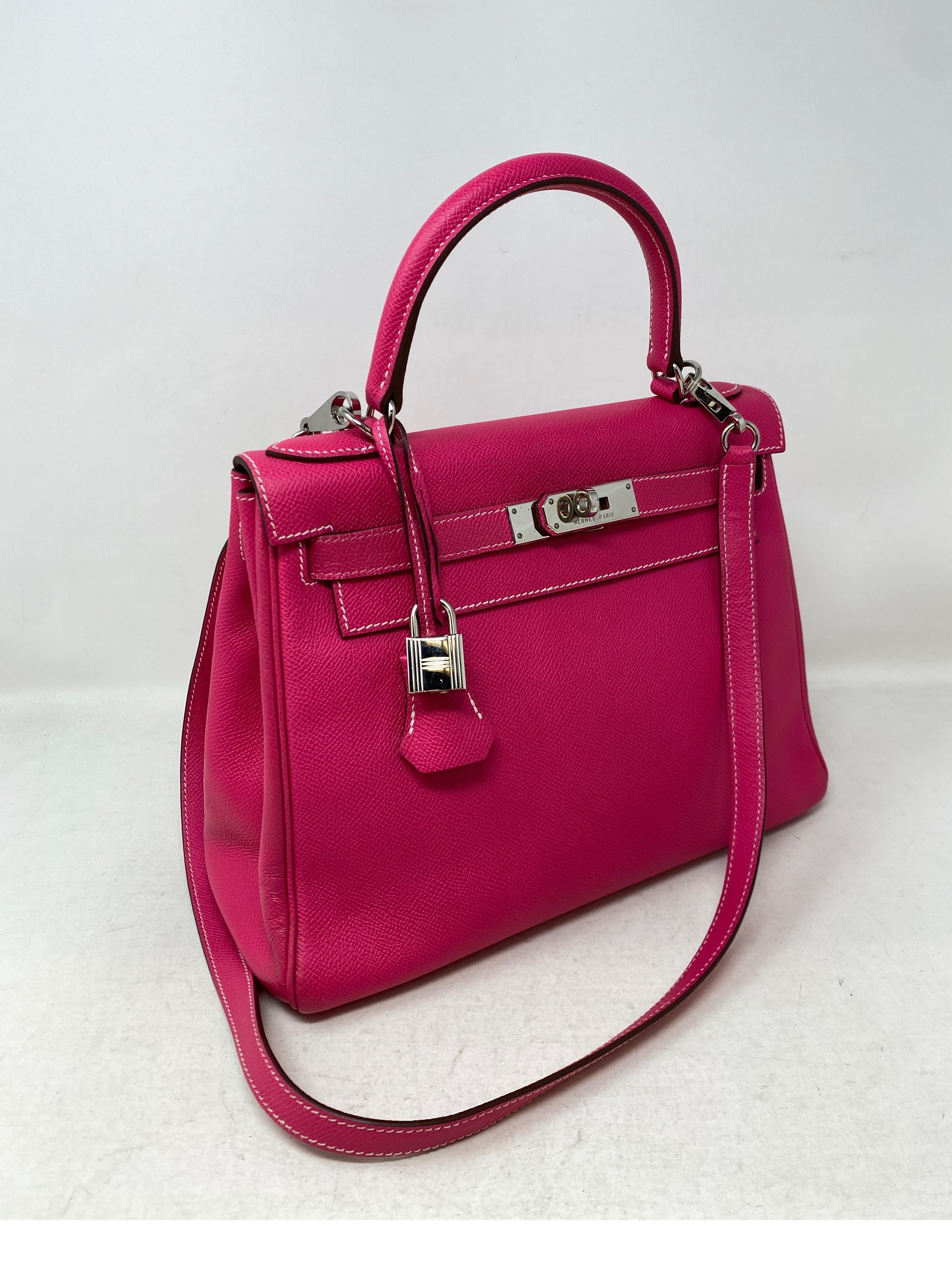 Hermes Rose Tyrien Kelly 28 Bag. Hot pink color. Epsom leather. Rare and most wanted Kelly size. Palladium hardware. Includes clochette, lock, keys, and dust bag. Includes leather cleaning receipt from Hermes. Guaranteed authentic. 