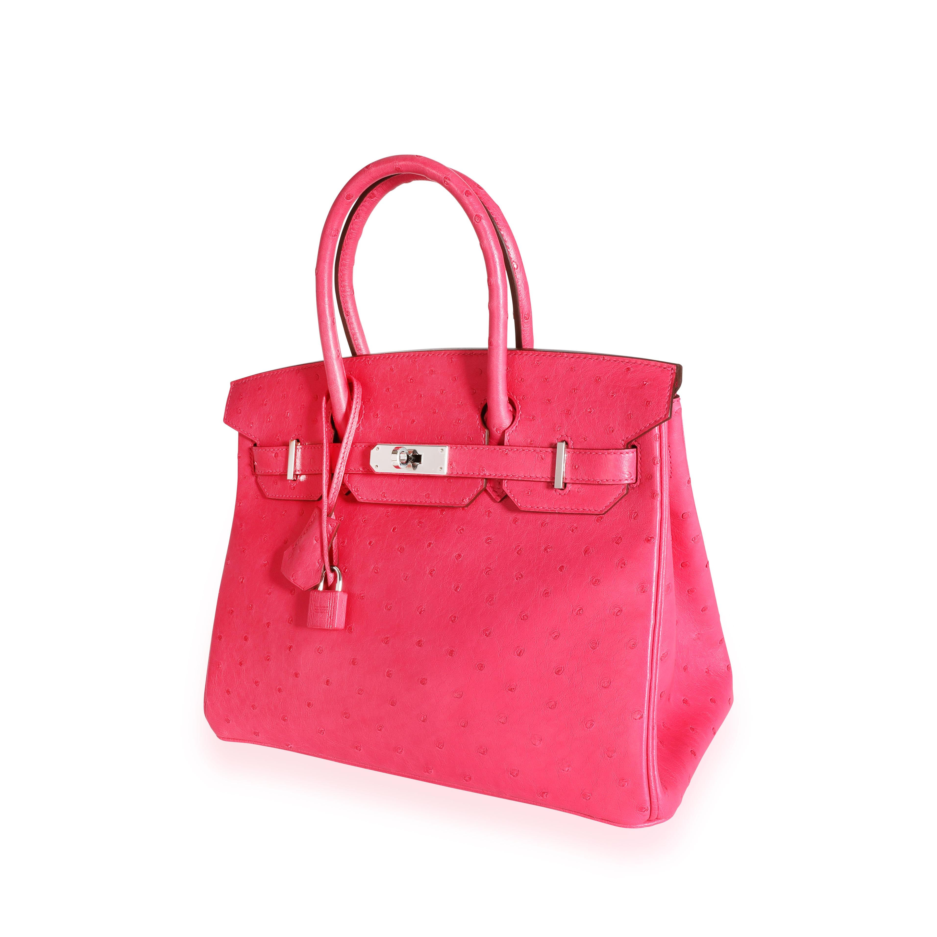 Hermès Rose Tyrien Ostrich Birkin 30 PHW
SKU: 110987

Handbag Condition: Excellent
Condition Comments: Excellent Condition. Plastic on hardware. No visible signs of wear. Please note: this item can not be shipped to all areas.
Brand: Hermès
Model: