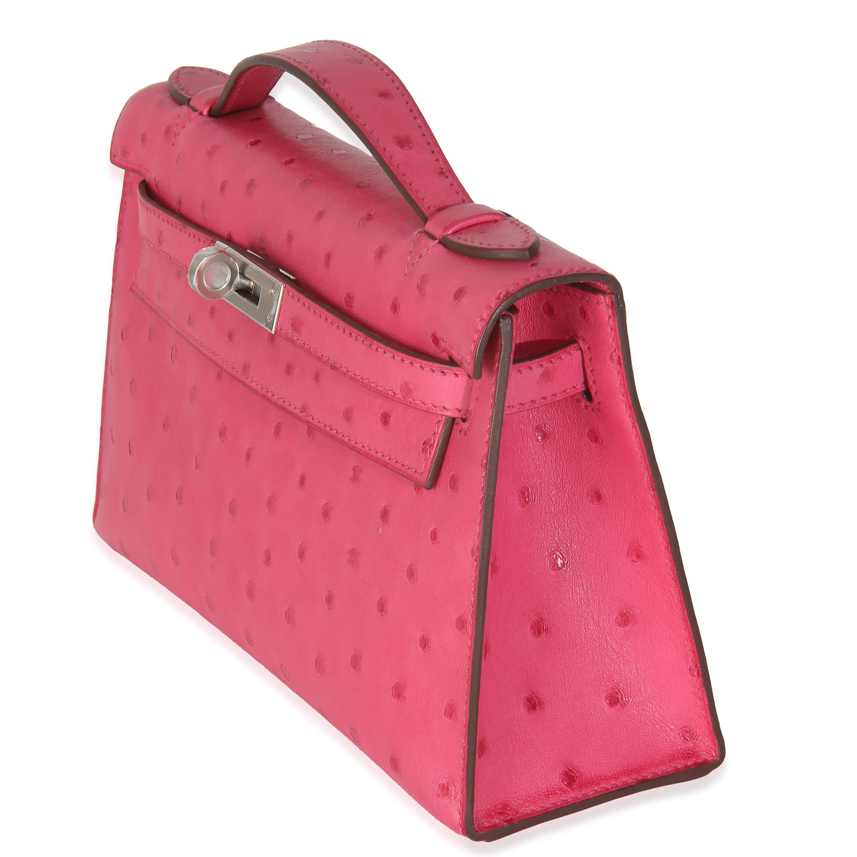 Hermès Rose Tyrien Ostrich Kelly Pochette PHW In Excellent Condition For Sale In New York, NY