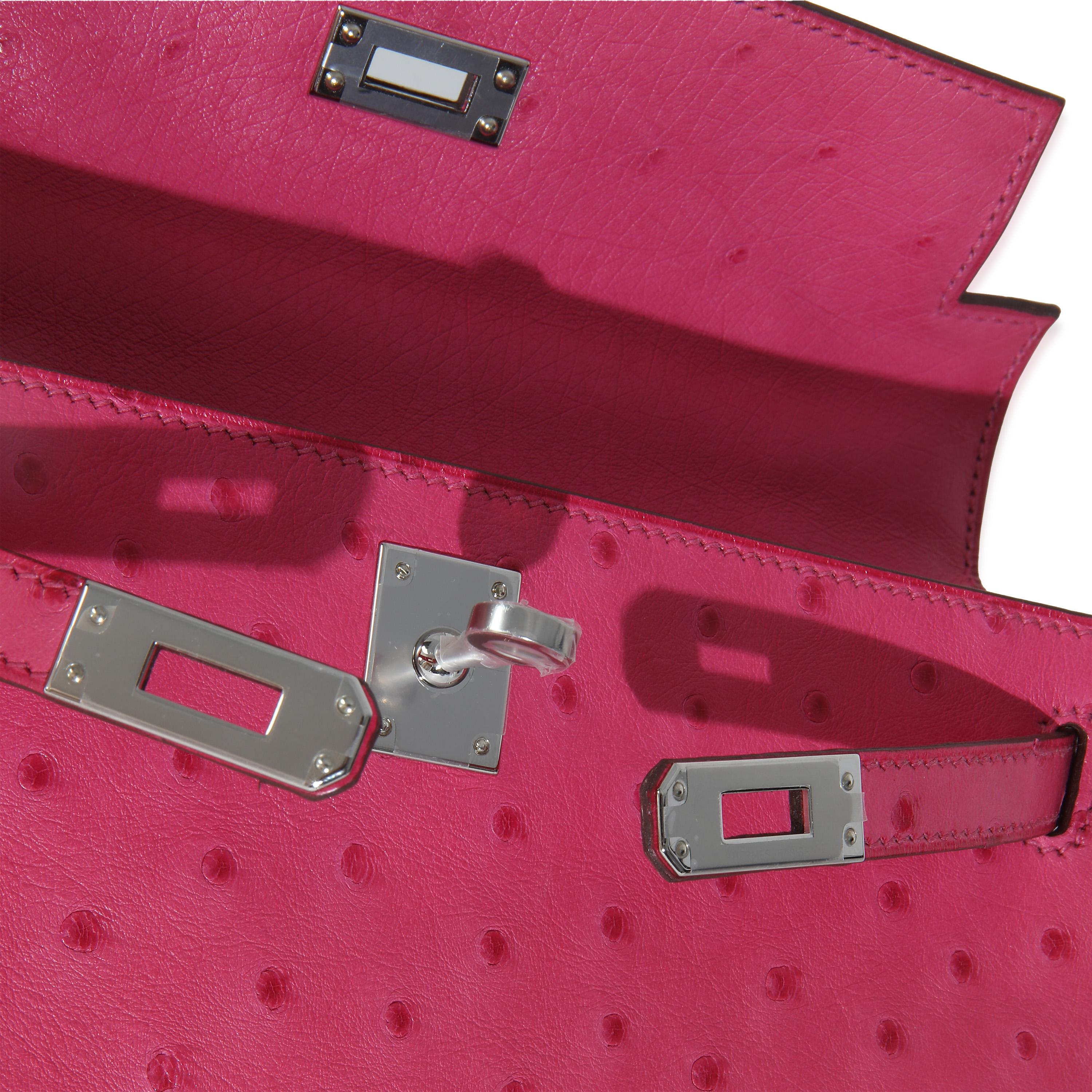 Hermès Rose Tyrien Ostrich Kelly Pochette PHW For Sale 1
