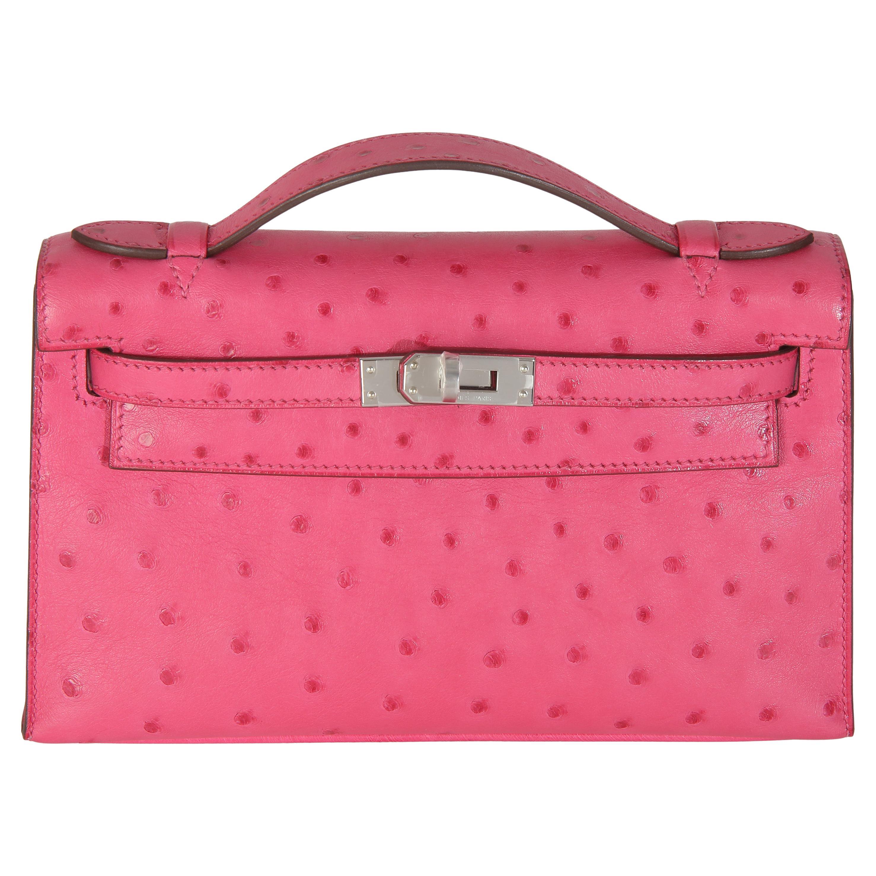 Hermès Rose Tyrien Ostrich Kelly Pochette PHW For Sale