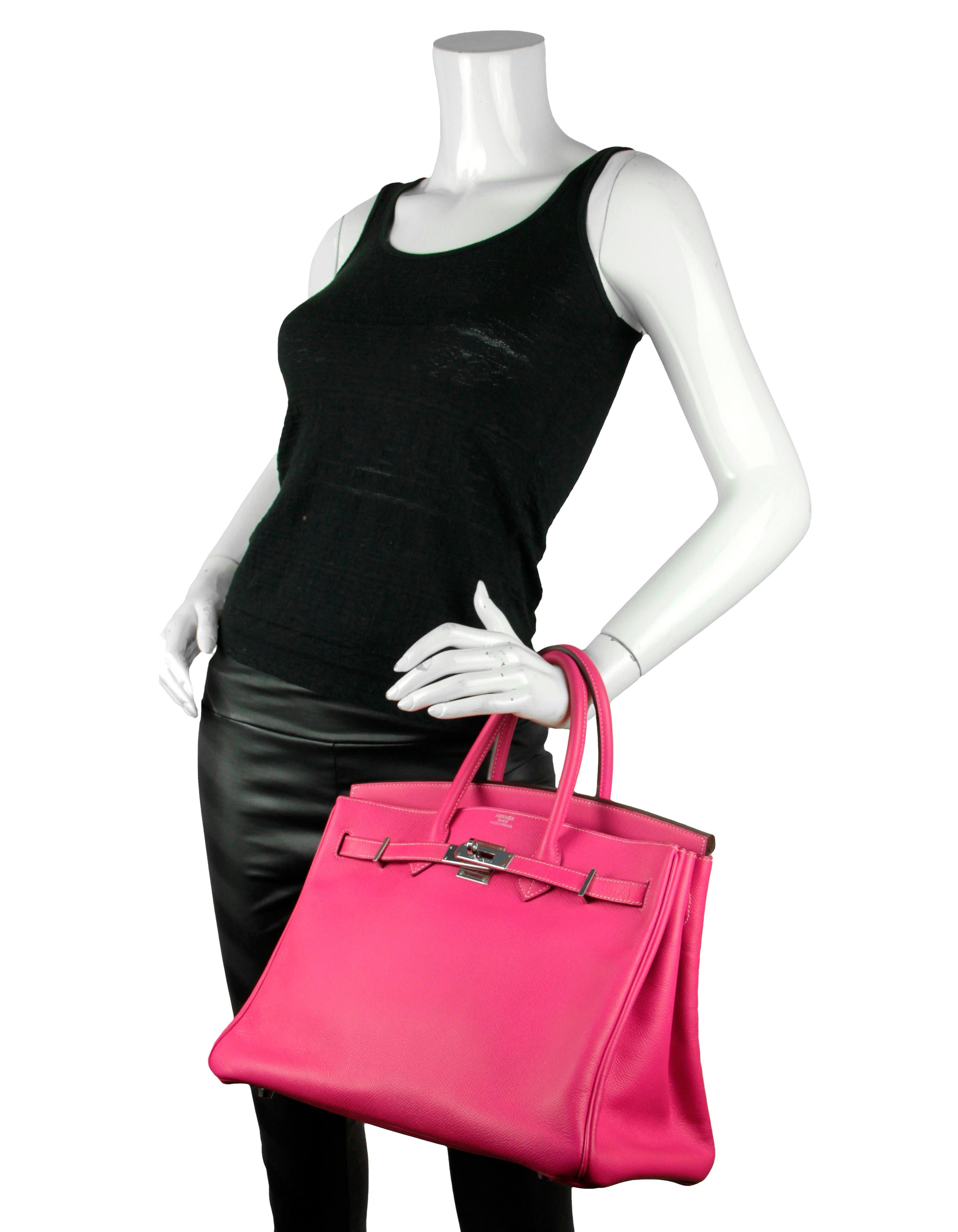Hermes  Rose Tyrien/ Rubis Epsom Leather 35cm Candy Birkin Bag PHW

Made In: France
Year of Production: 2011
Color: Rose Tyrein pink
Hardware: Silvertone palladium
Materials: Clemence
Lining: Rubis chevre leather
Closure/Opening: Double arm strap