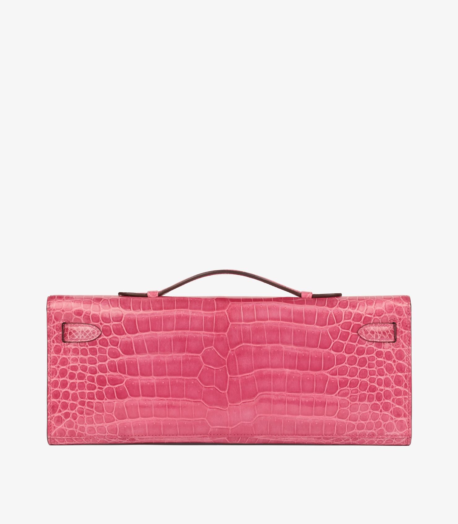 Women's Hermès Rose Tyrien Shiny Shiny Porosus Crocodile Leather Kelly Cut For Sale