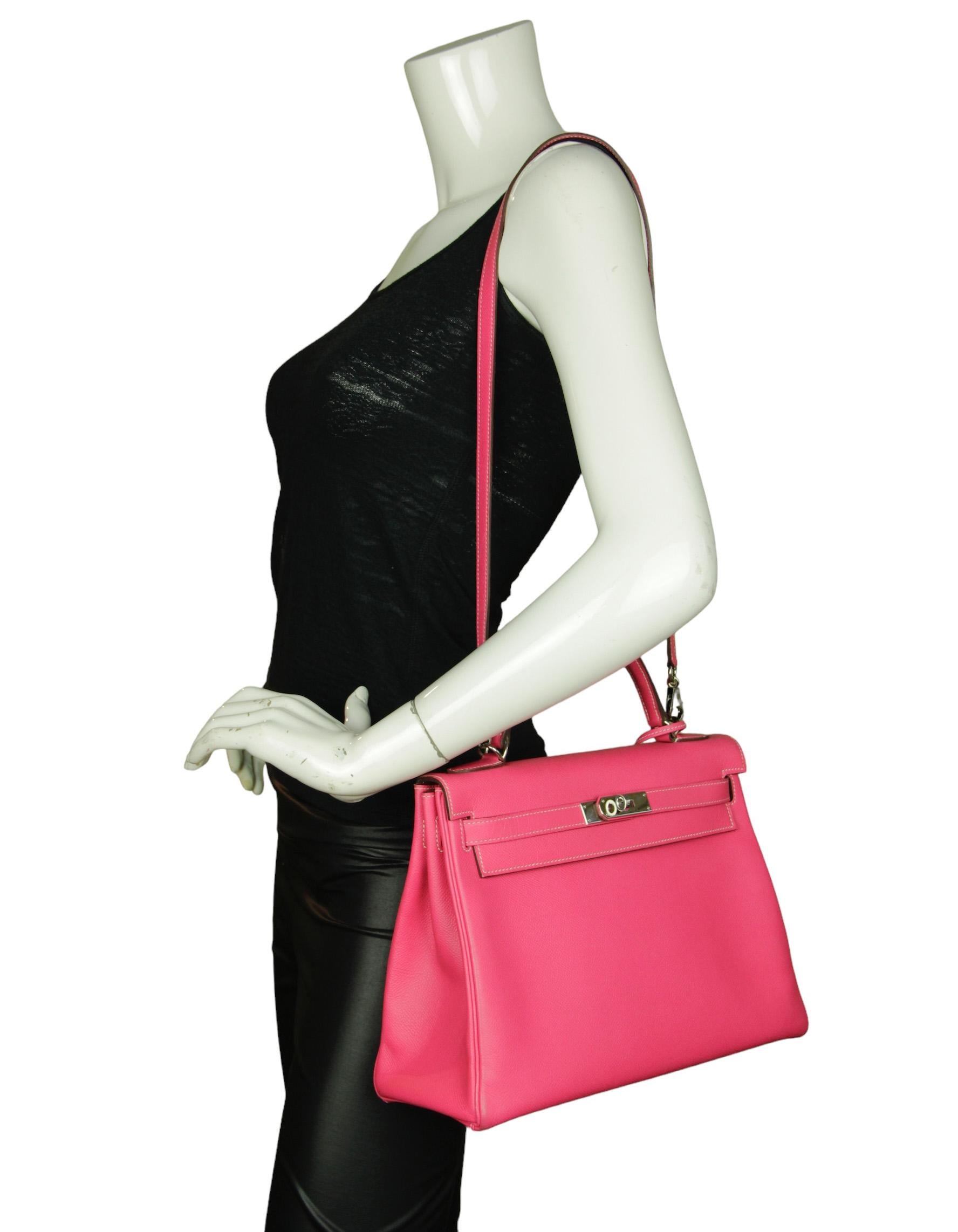 Hermes Rose Tyrien/ Tosca Epsom Leather 32cm Candy Kelly Bag

Made in: France
Year of Production: 2013
Color: Rose tyrein
Materials: Epsom leather
Lining: Tosca chevre leather
Hardware: Palladium
Exterior Pockets: N/A
Interior Pockets: One zippered,