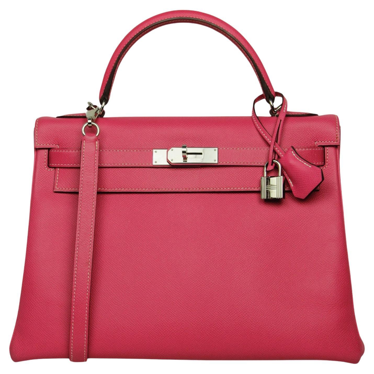 Hermes Rose Tyrien/ Tosca Epsom Leather 32cm Candy Kelly Bag PHW For Sale