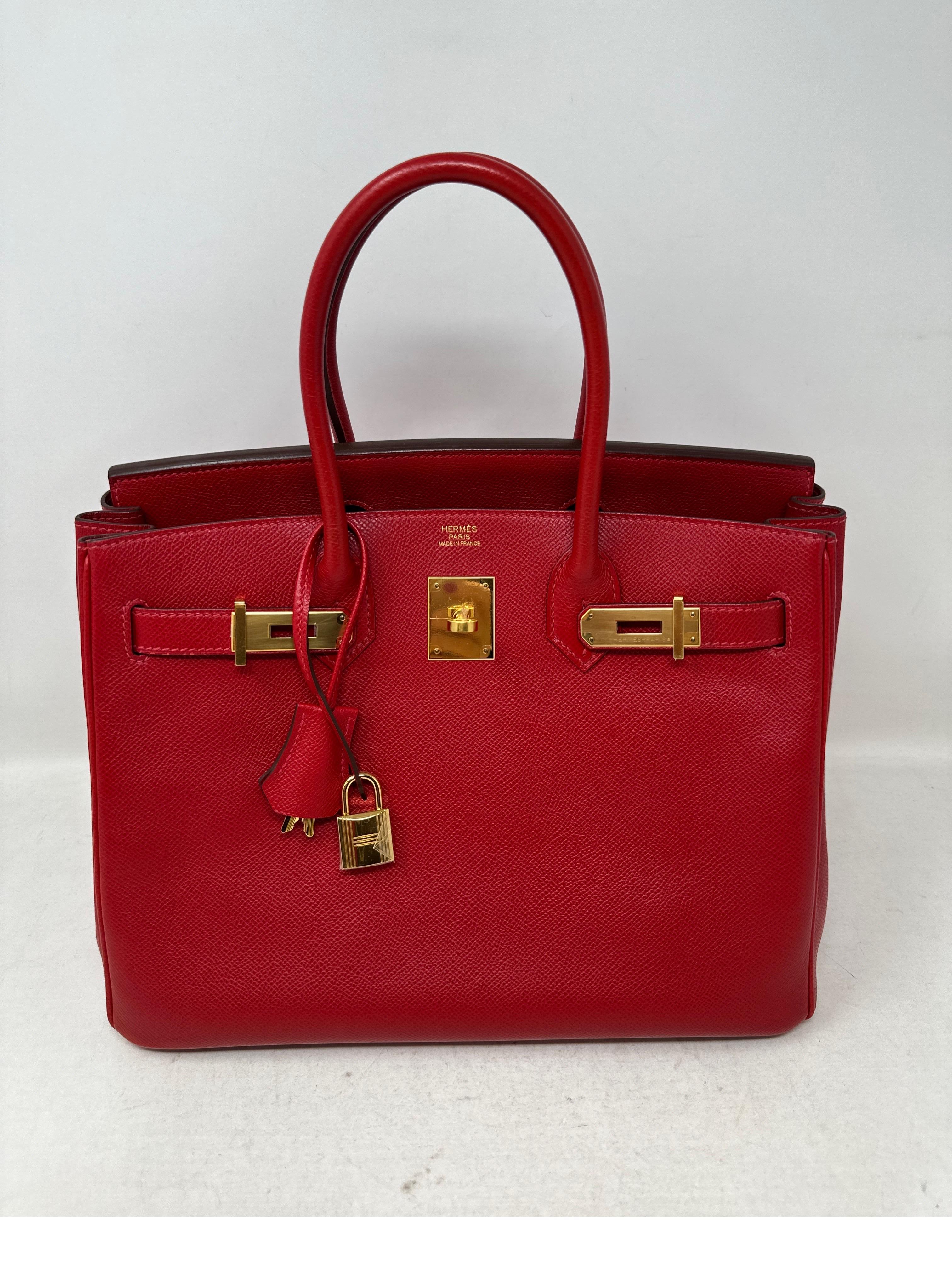 Hermes Rouge Casaque Birkin 30 Bag. The most wanted red color by Hermes. Red is beautiful. Gold hardware. Good condition. Epsom leather. Includes clochette, lock, keys, and dust bag. Guaranteed authentic. 