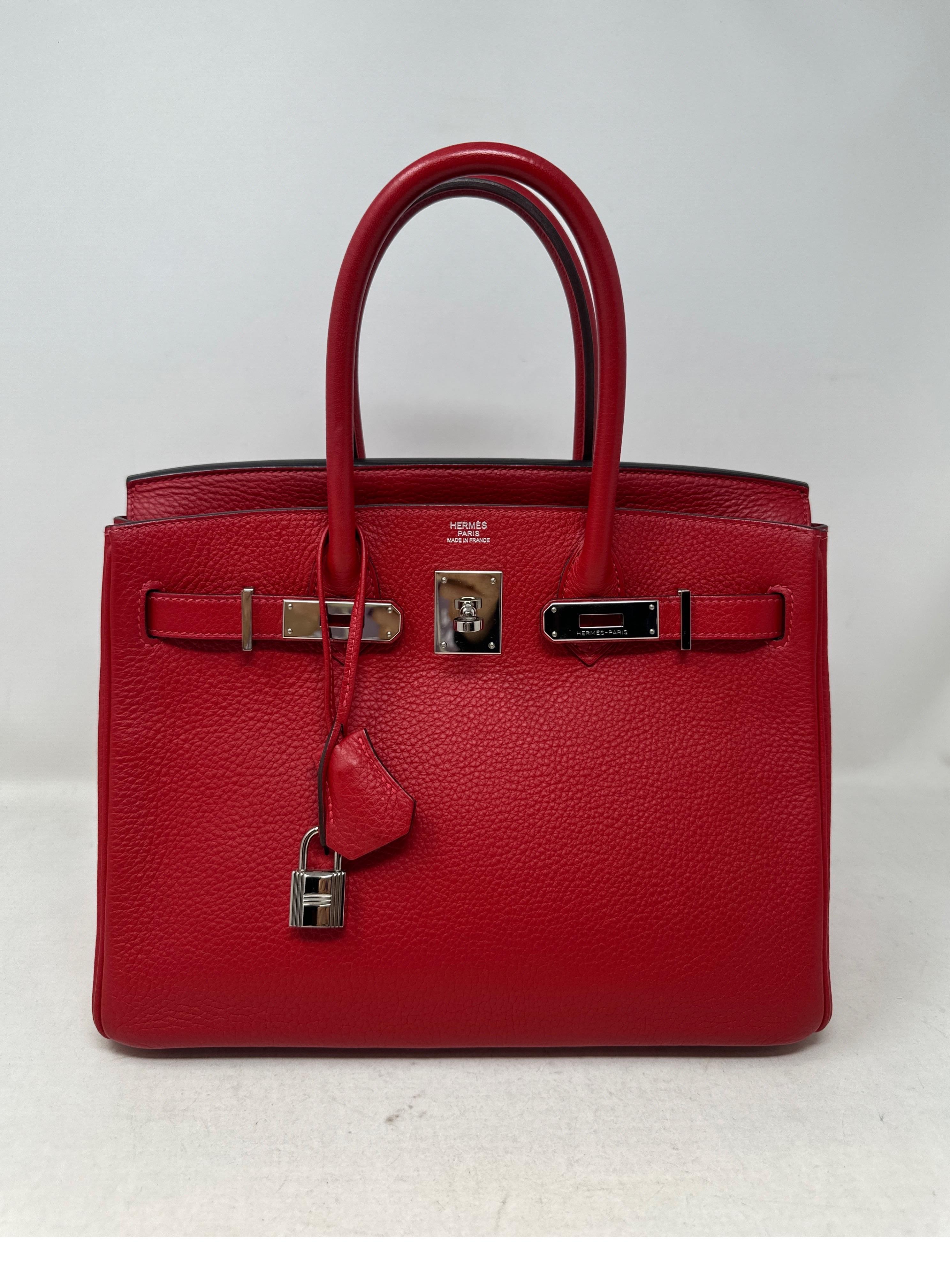 Hermes Rouge Casaque Birkin 30 Bag. Excellent condition. Beautiful true red color. Palladium silver hardware. Togo leather. Excellent condition. Interior clean. Includes clochette, lock, keys, and dust bag. Guaranteed authentic. 