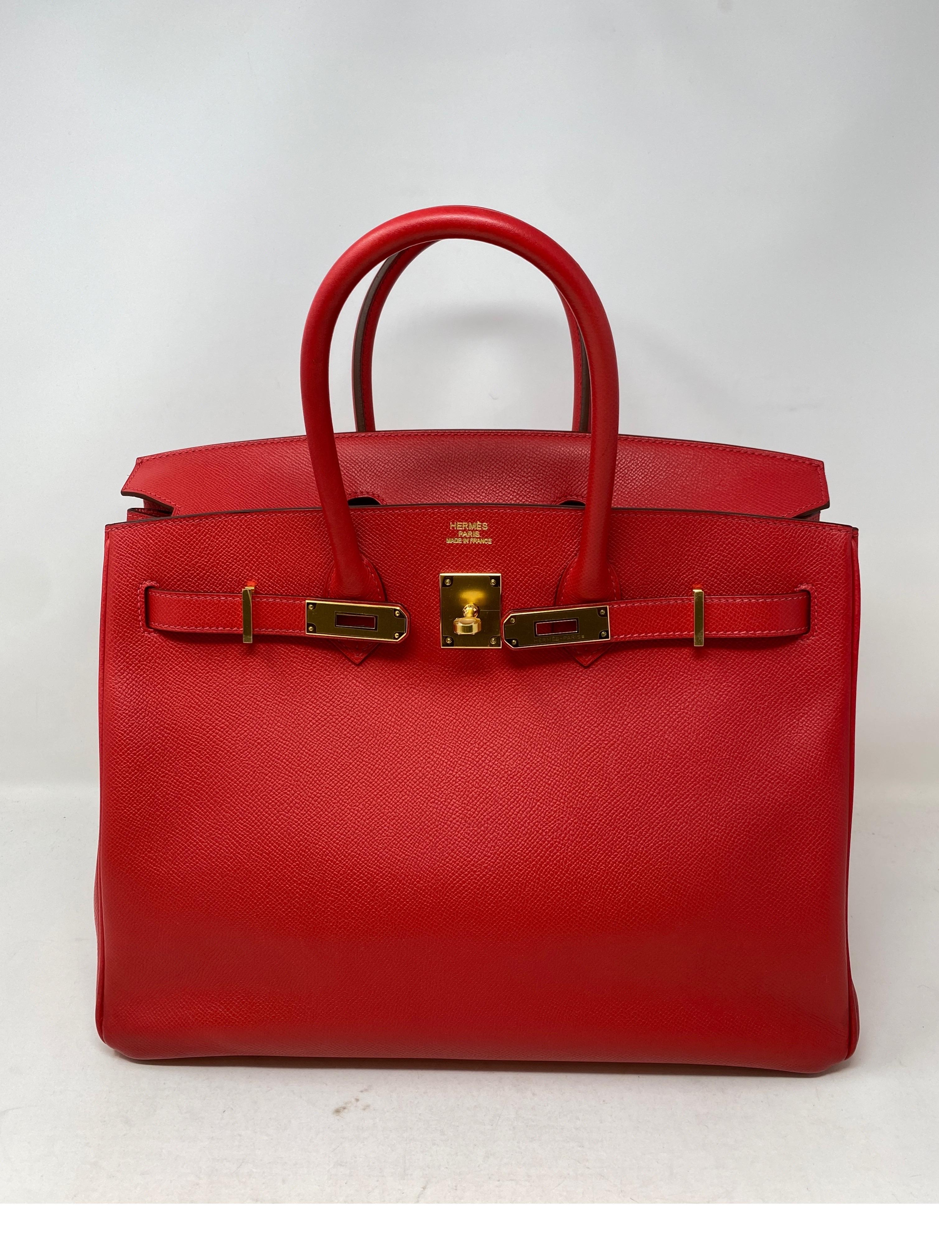 Hermes Rouge Casaque Birkin 35 Bag. Most wanted red color with gold hardware. Epsom leather. Excellent condition. Looks like new condition. Plastic still on hardware. Includes clochette, lock, keys, and dust cover. Guaranteed authentic.