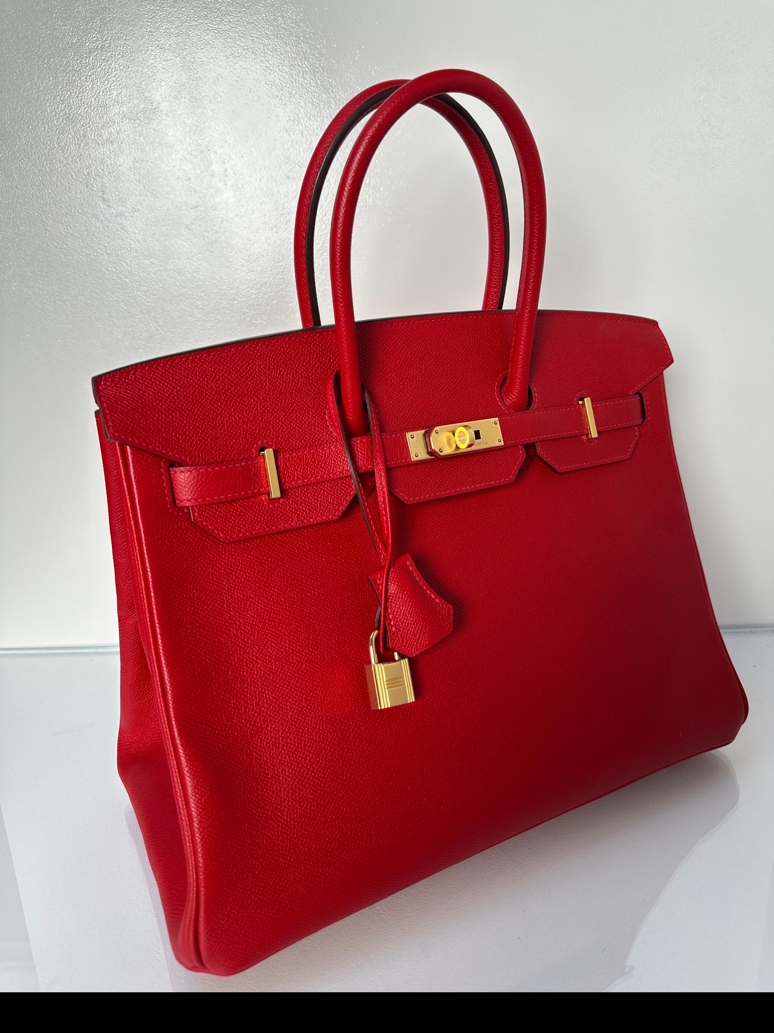 Hermes Rouge Casaque Birkin 35 Bag. Excellent condition. Looks like new. Epsom leather with gold hardware. Vibrant red color. Interior clean. Includes clochette, lock, keys, and dust bag. Guaranteed authentic. Perfect gift. 