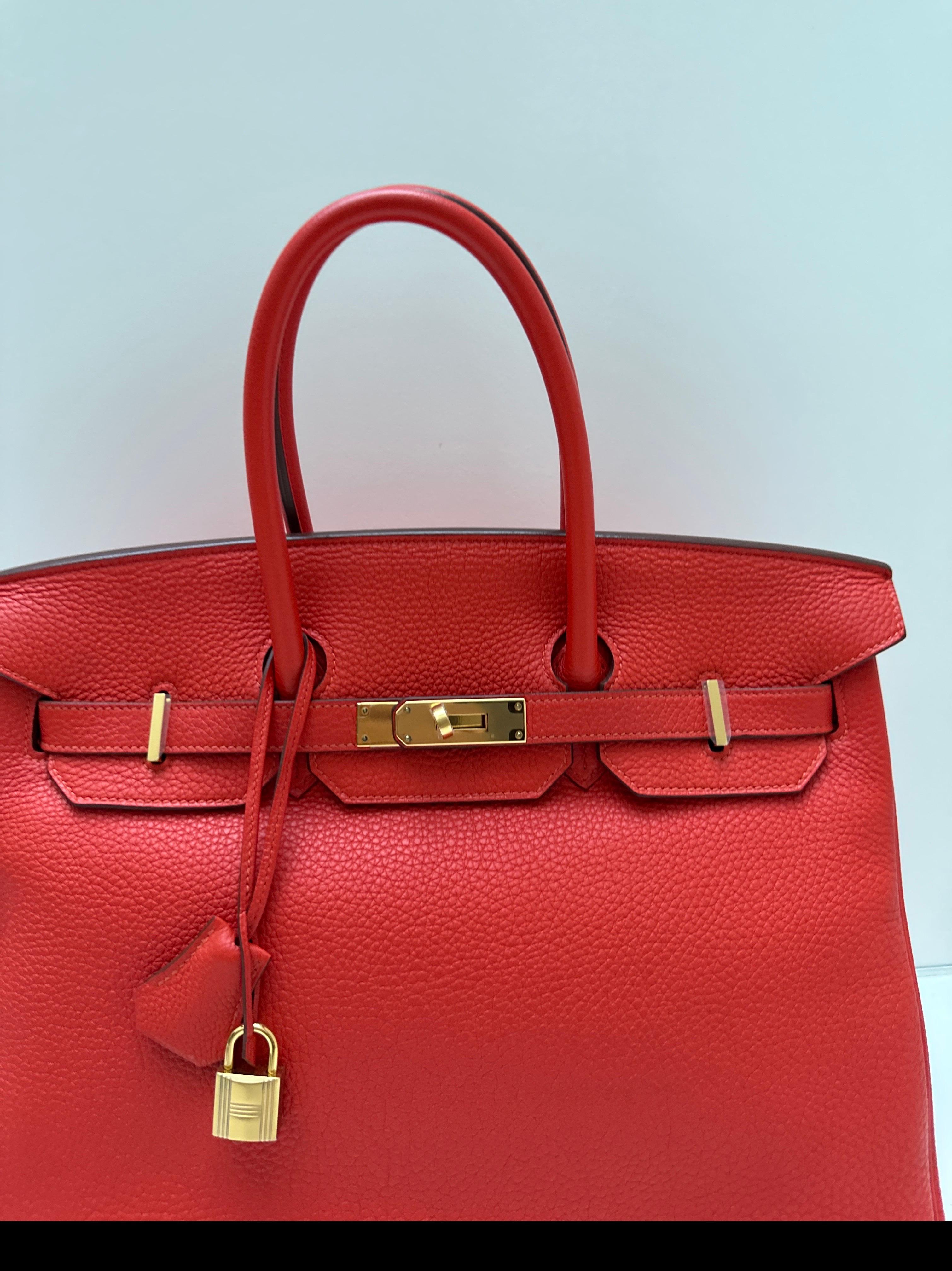 Hermes Rouge Pivoine Birkin 35 Bag. Rouge Casaque is the color with gold hardware. Excellent condition. Epsom leather. Interior clean. Includes clochette, lock, keys, and dust bag. Great investment bag. Guaranteed authentic. 