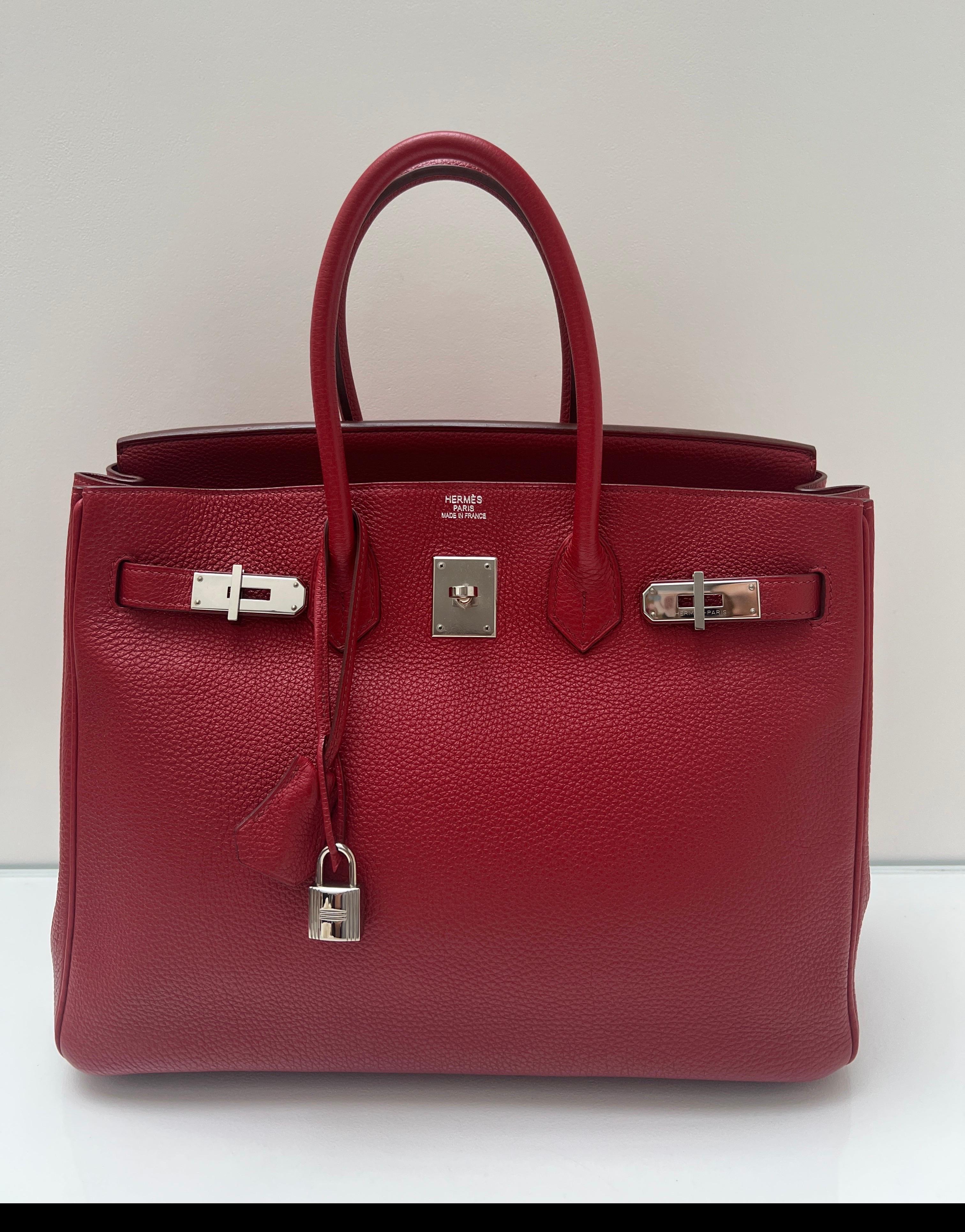 Hermes Rouge Casaque Birkin 35 Bag. Most wanted red color with gold hardware. Togo leather. Excellent like new condition. Interior clean. Red is the color of the year. Includes clochette, lock, keys, and dust bag. Guaranteed authentic. Don't miss
