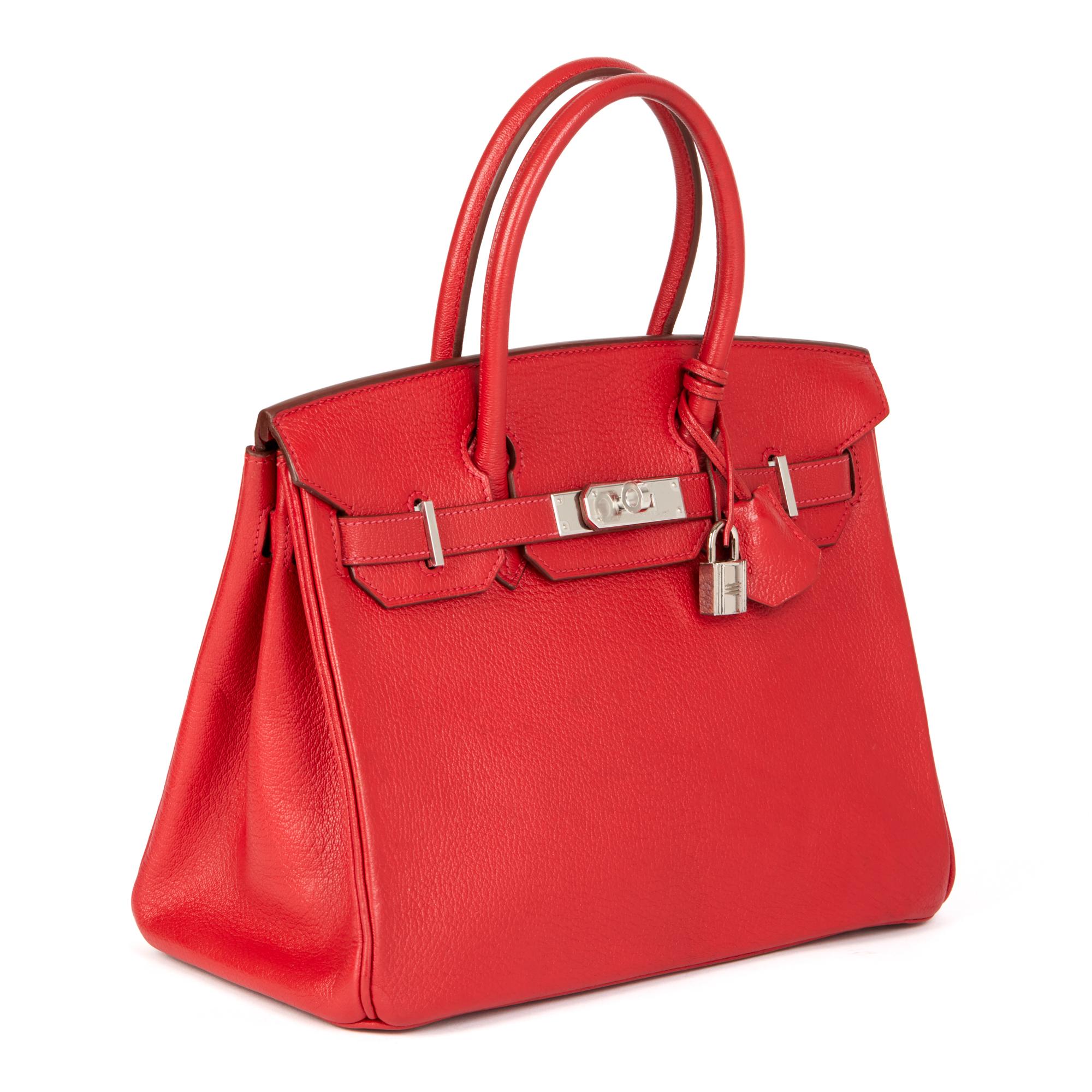 Hermès ROUGE CASAQUE CHEVRE MYSORE LEATHER BIRKIN 30CM RETOURNE

CONDITION NOTES
The exterior is in excellent condition with light signs of use and surface scratches. The leather was cleaned and polished by Hermes in 2022.
The interior is in