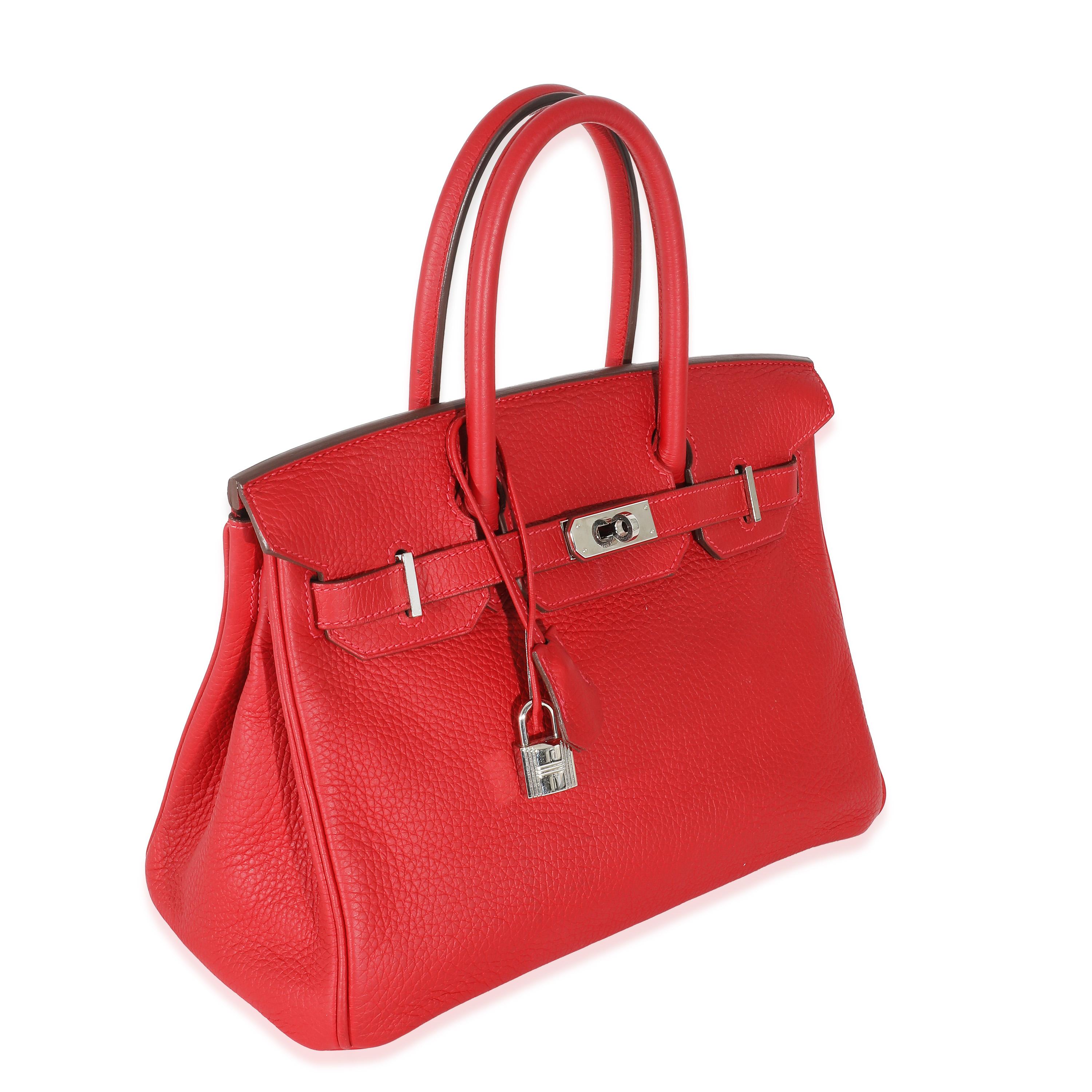 Listing Title: Hermès Rouge Casaque Clemence Birkin 30 PHW
SKU: 135999
Condition: Pre-owned 
Handbag Condition: Very Good
Condition Comments: Item is in very good condition with minor signs of wear.  Mild scuffing along piping. and handles.
