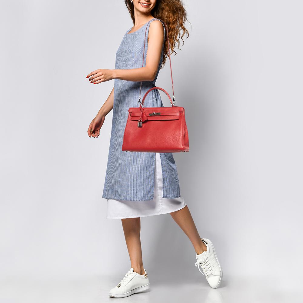 Hermes Rouge Casaque Togo Leather Palladium Finish Kelly Retourne 32 Bag 5