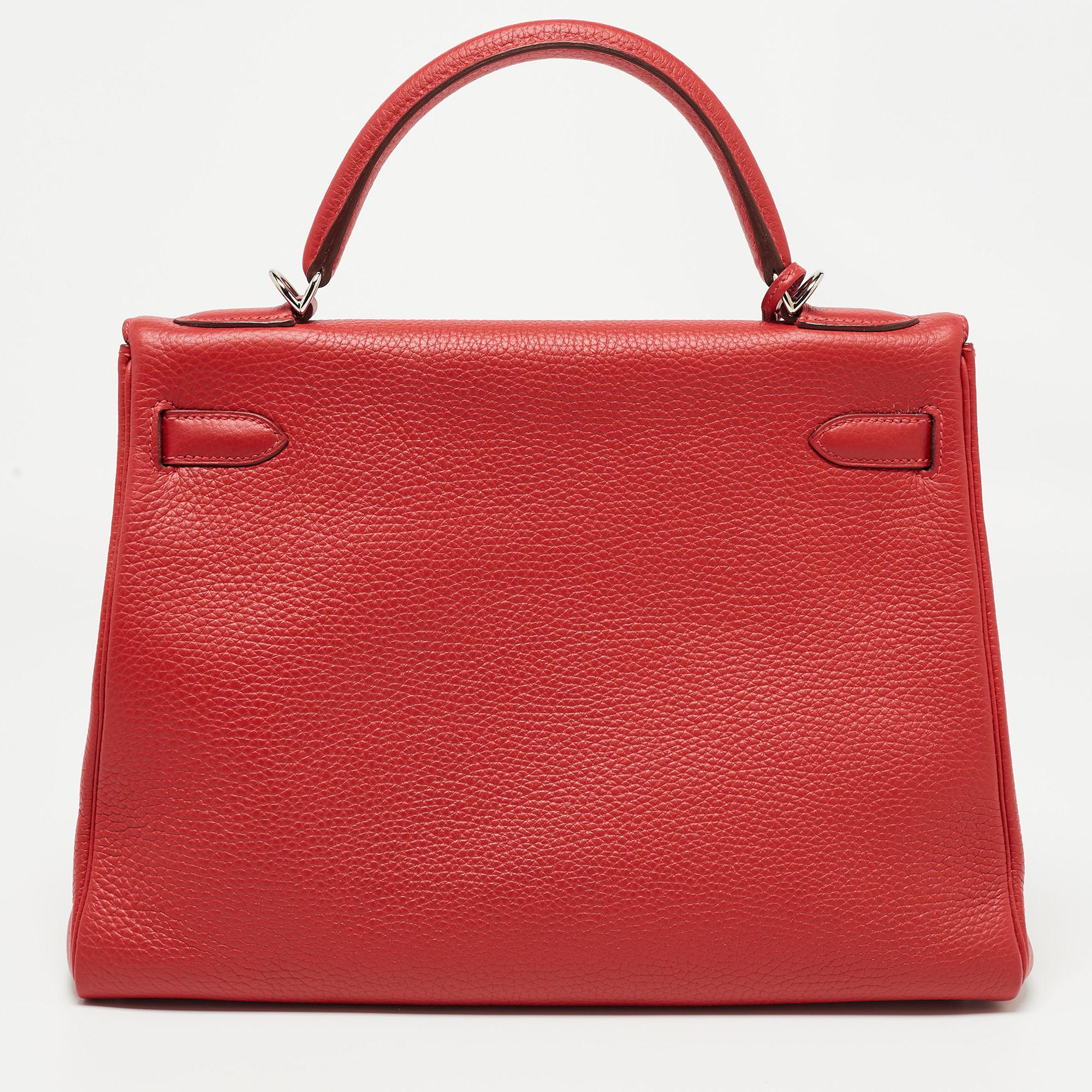 Red Hermes Rouge Casaque Togo Leather Palladium Finish Kelly Retourne 32 Bag