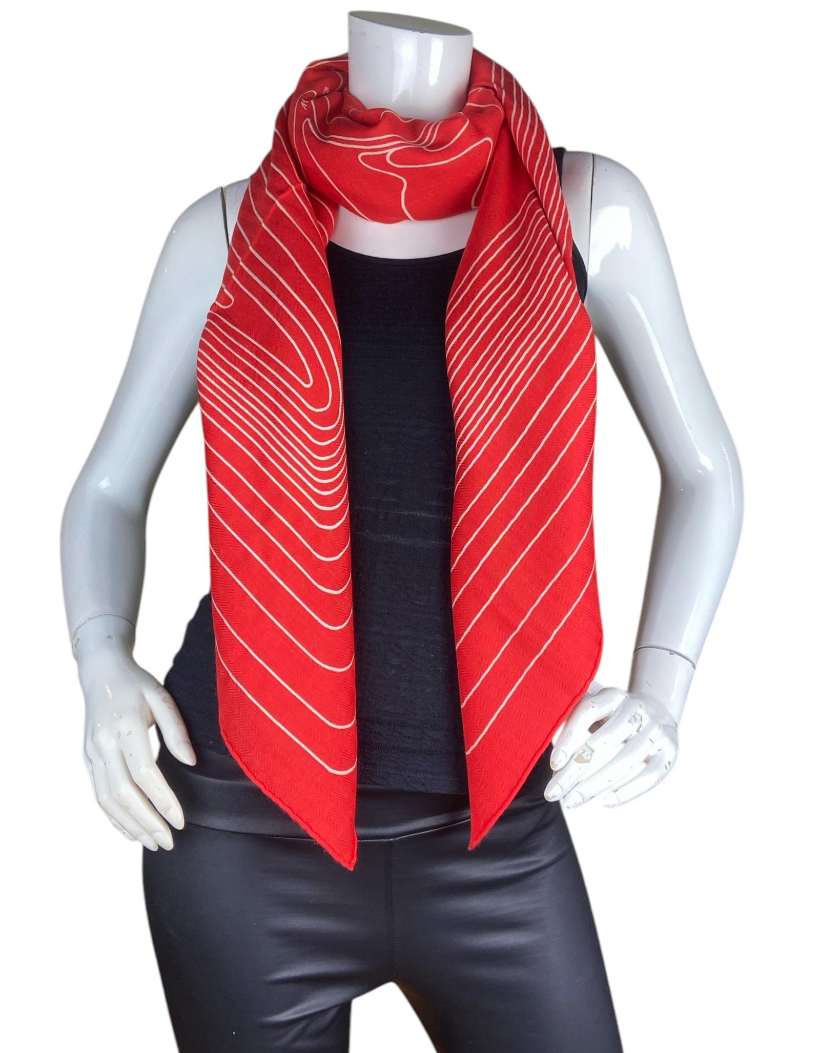 Hermes Rouge Coquelicot Pegase Paysage 140 Silk Cashmere Shawl. Designed by Christian Renonciat.  Please note,  this item was purchased at a Hermes sale and the tag is stamped with an 