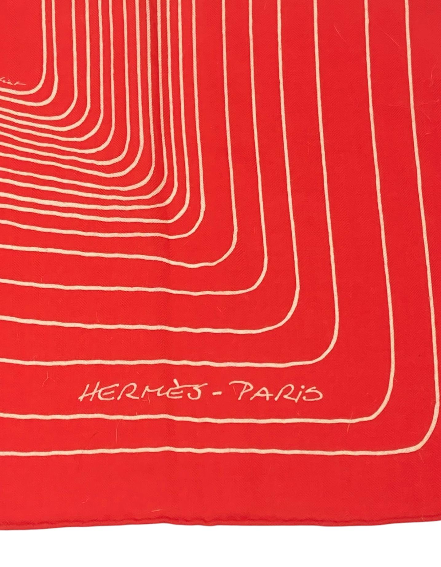 Red Hermes Rouge Coquelicot Pegase Paysage 140 Silk Cashmere Shawl For Sale