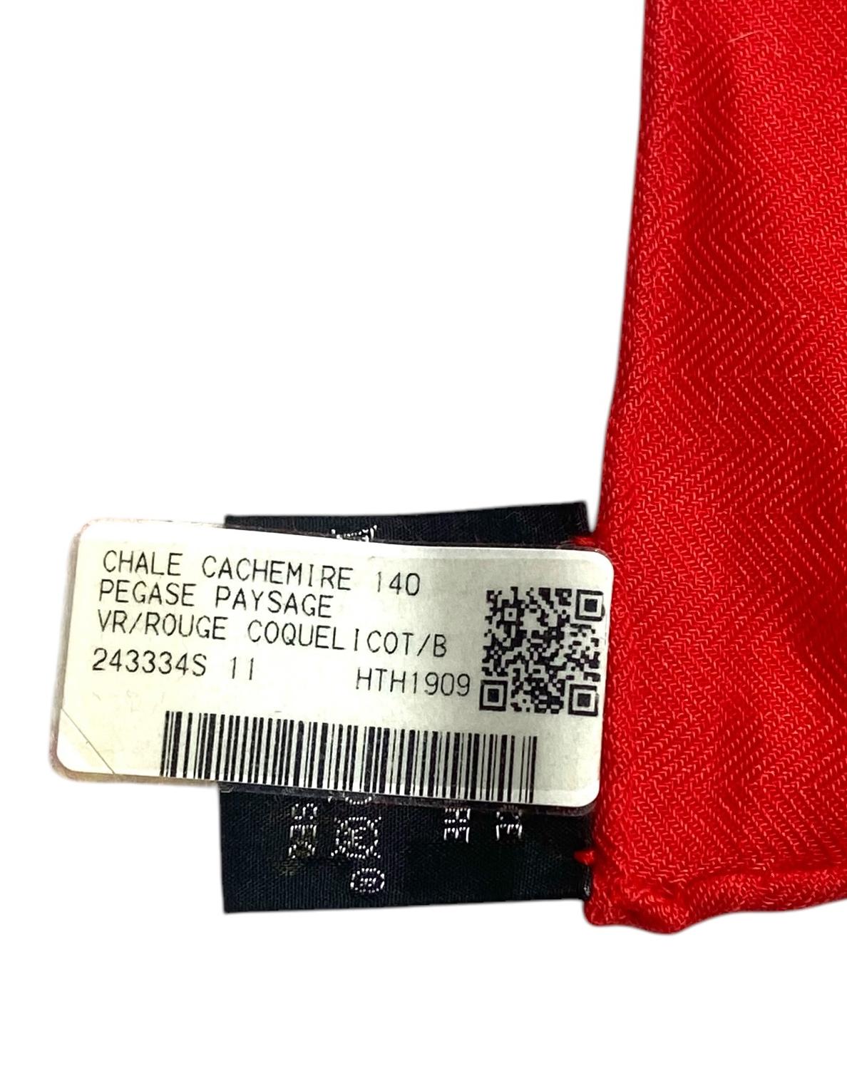 Women's Hermes Rouge Coquelicot Pegase Paysage 140 Silk Cashmere Shawl For Sale