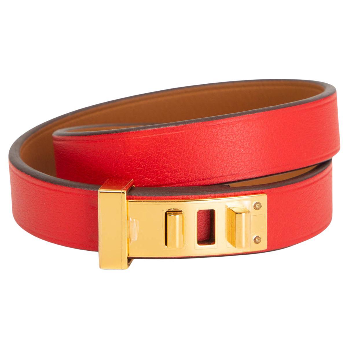 HERMES Rouge de Coeur red leather MINI DOG DOUBLE TOUR Bracelet T2