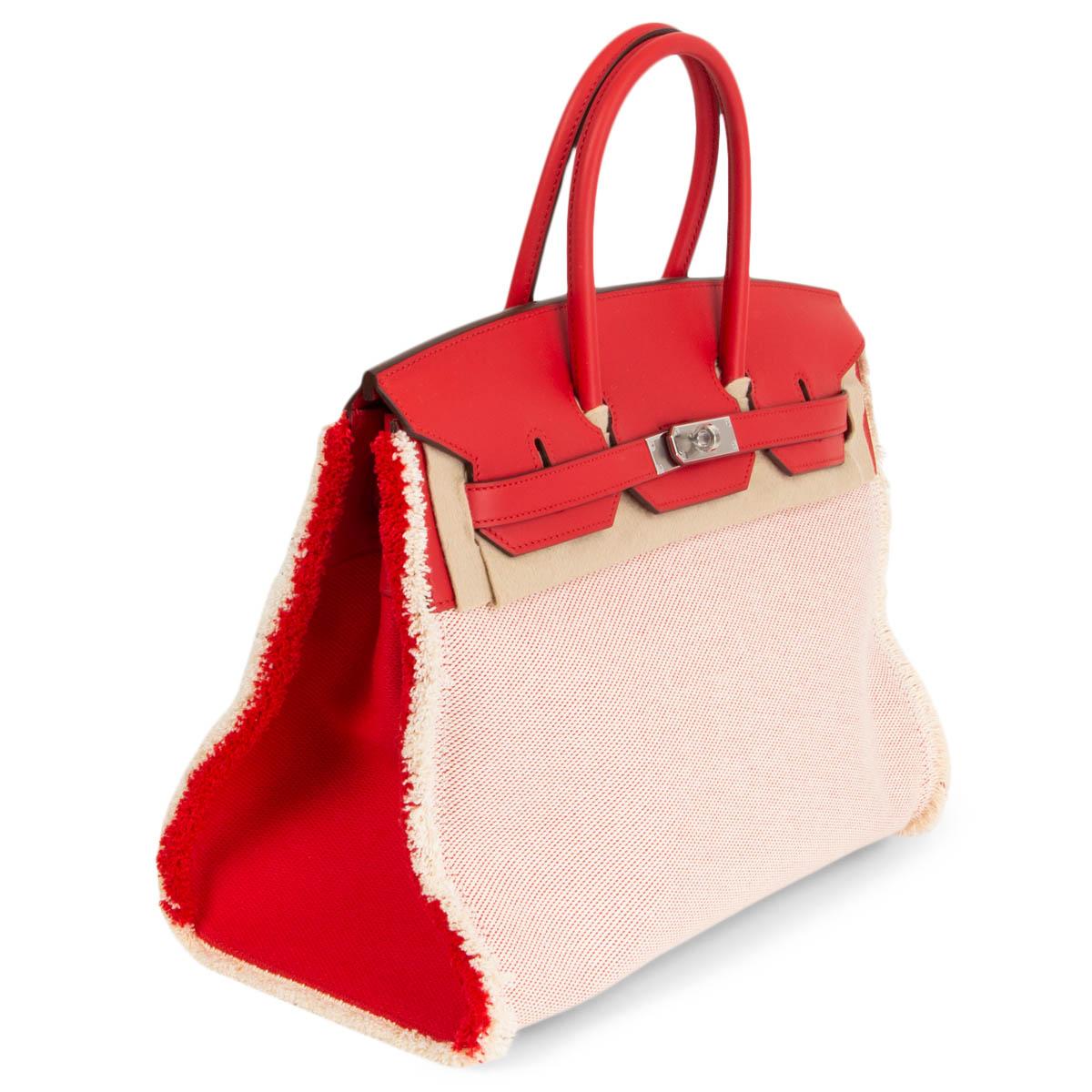 100% authentic Hermès 'Burkin 35 Fray Fray' tote in Ecru (off-white) Toile H. canvas and Rouge de Coeur (red) Swift leather. with mini fringe edges. Limited edition for spring/summer 2021. Lined in Rouge de Coeur leather with a zipper pocket against