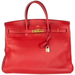 HERMES Rouge Garrance red Clemence leather BIRKIN 40 Tote Bag