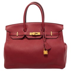 Hermes Rouge Grenat Clemence Leather Gold Finish Birkin 35 Bag