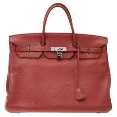 Hermès - Sac Birkin 40 en cuir rouge grenat clémence plaqué palladium