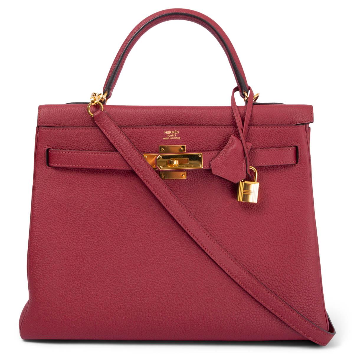 HERMES Rouge Grenat Togo leather KELLY 32 RETOURNE Bag w Gold In Excellent Condition In Zürich, CH