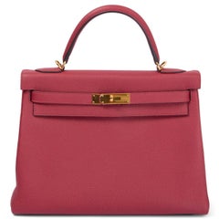 HERMES Rouge Grenat Togo pelle KELLY 32 RETOURNE Borsa w Oro
