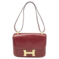 Retro Hermes Rouge H Box Calf Leather Gold Finish Constance 24 Bag