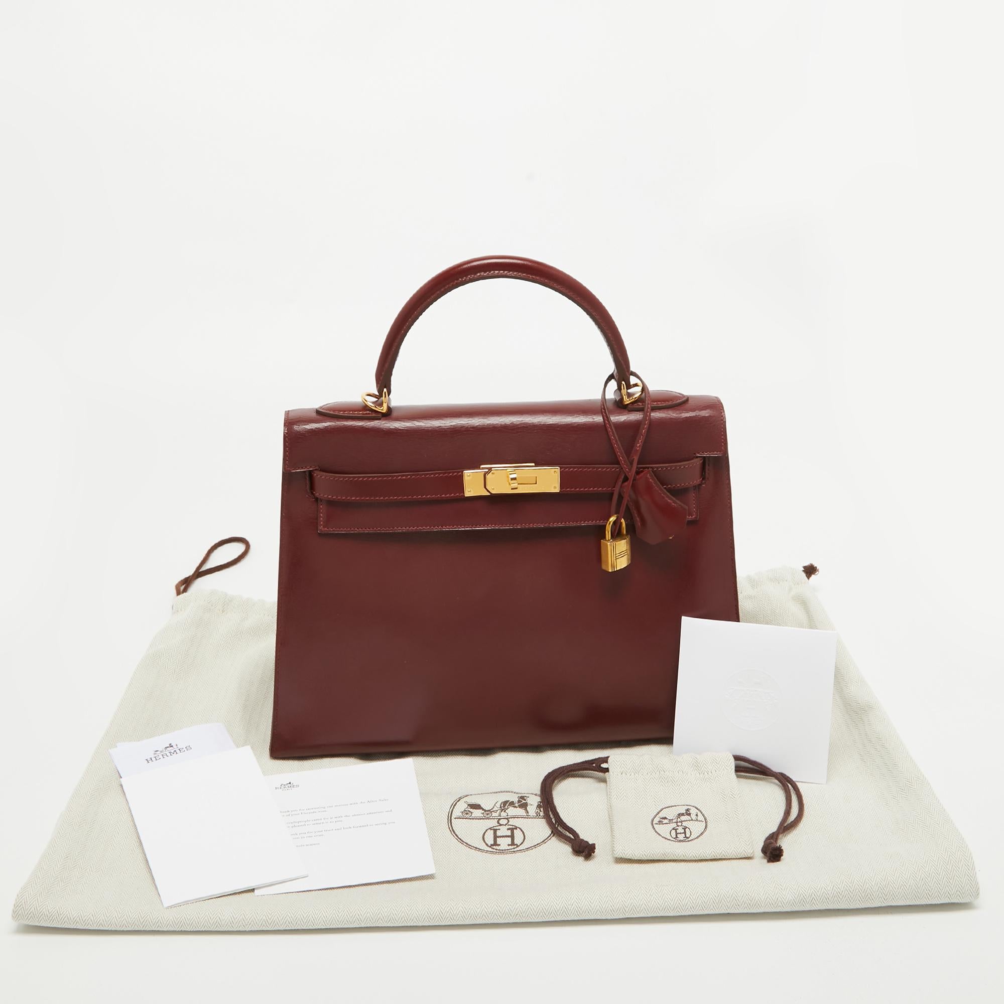 Hermes Rouge H Box Calf Leather Gold Finish Kelly Sellier 32 Bag 15
